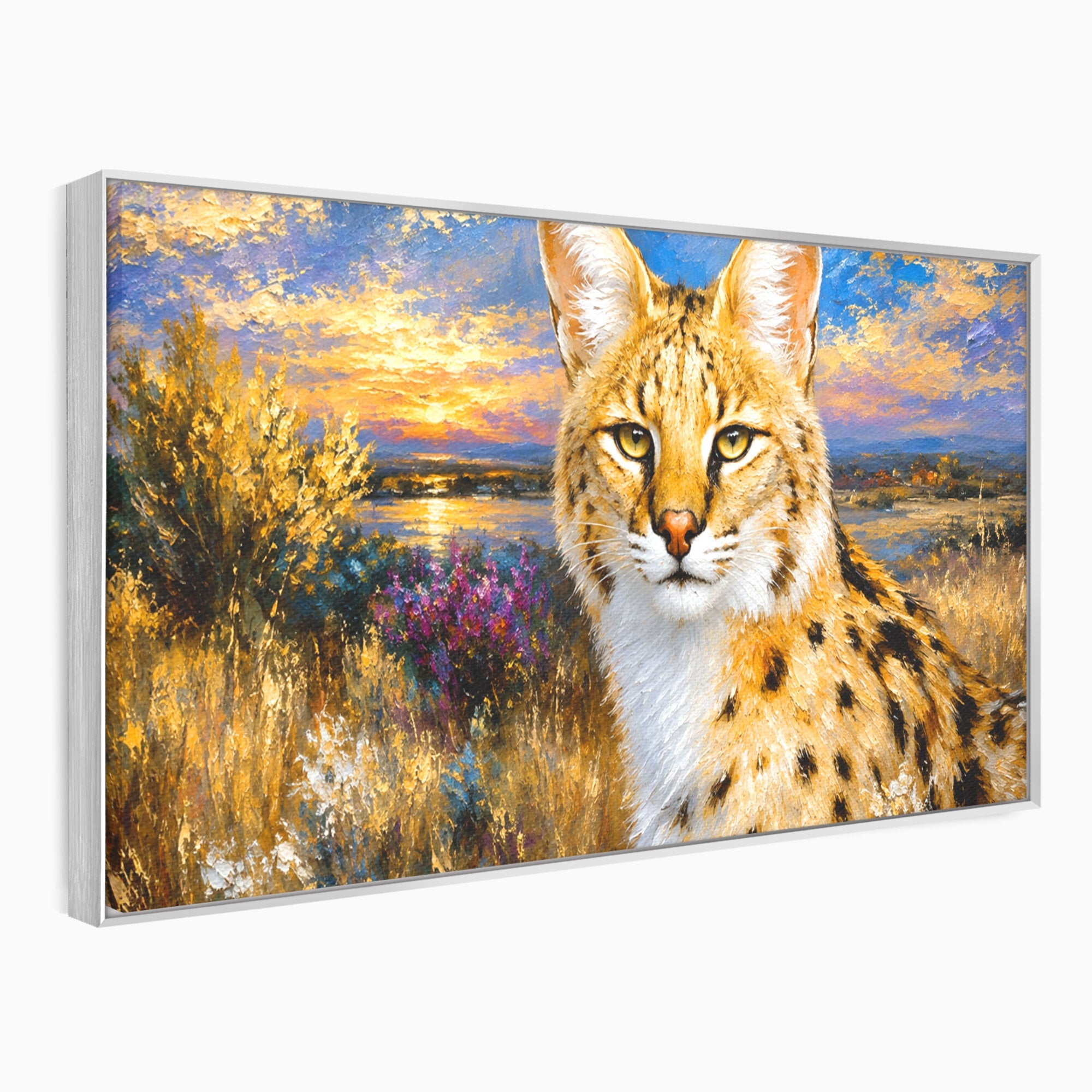Tablou Canvas Premium LuxCanva® M1607, Serval In Peisaj De Apus, Serval, Apus, Natura, Wildlife, Living, Culori Vibrante
