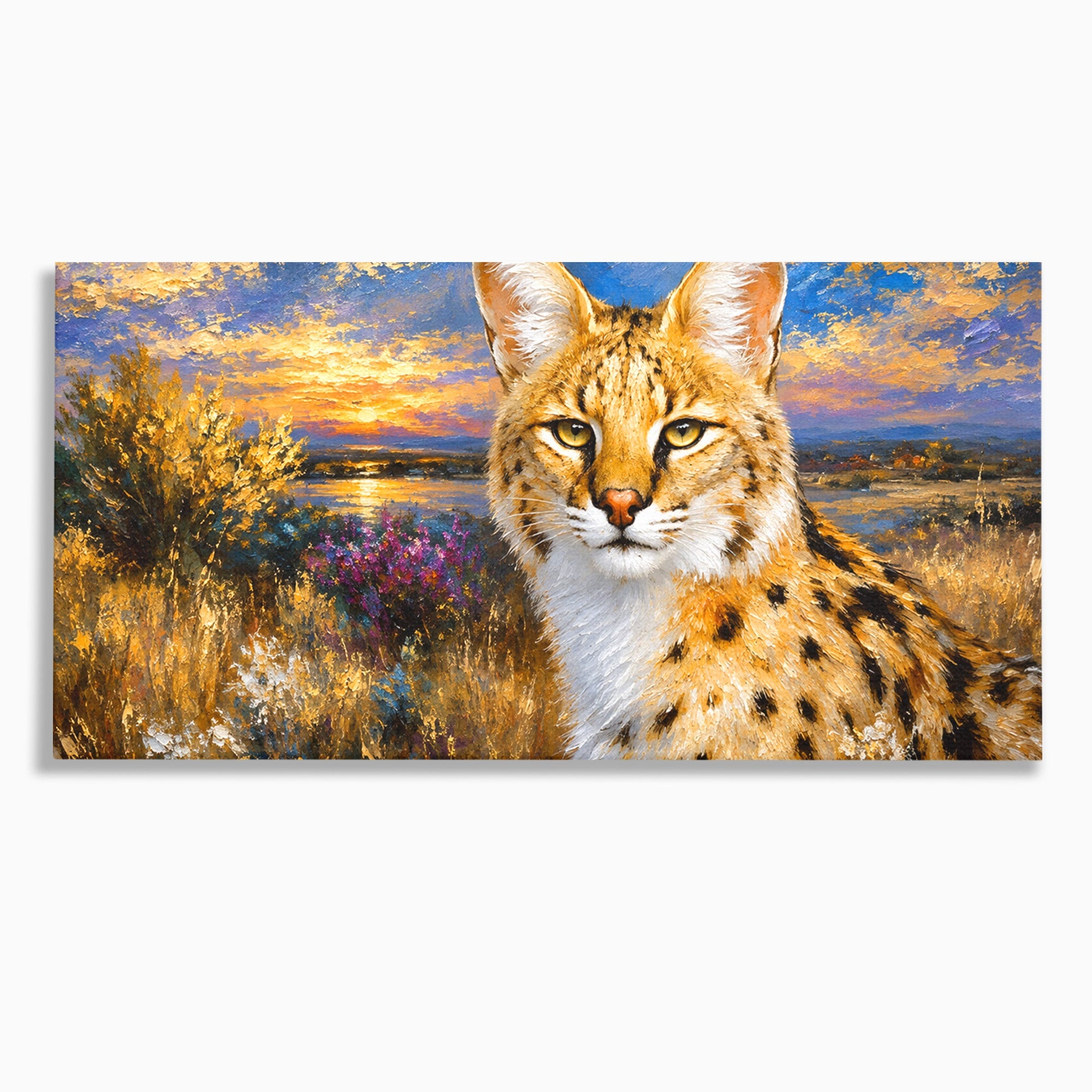 Tablou Canvas Premium LuxCanva® M1607, Serval In Peisaj De Apus, Serval, Apus, Natura, Wildlife, Living, Culori Vibrante