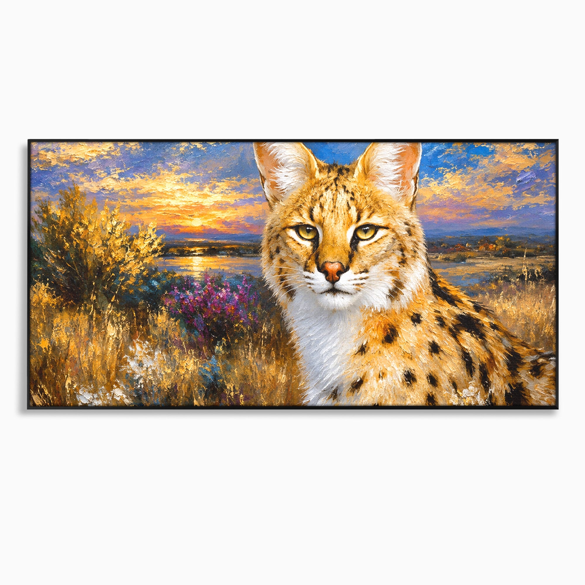 Tablou Canvas Premium LuxCanva® M1607, Serval In Peisaj De Apus, Serval, Apus, Natura, Wildlife, Living, Culori Vibrante