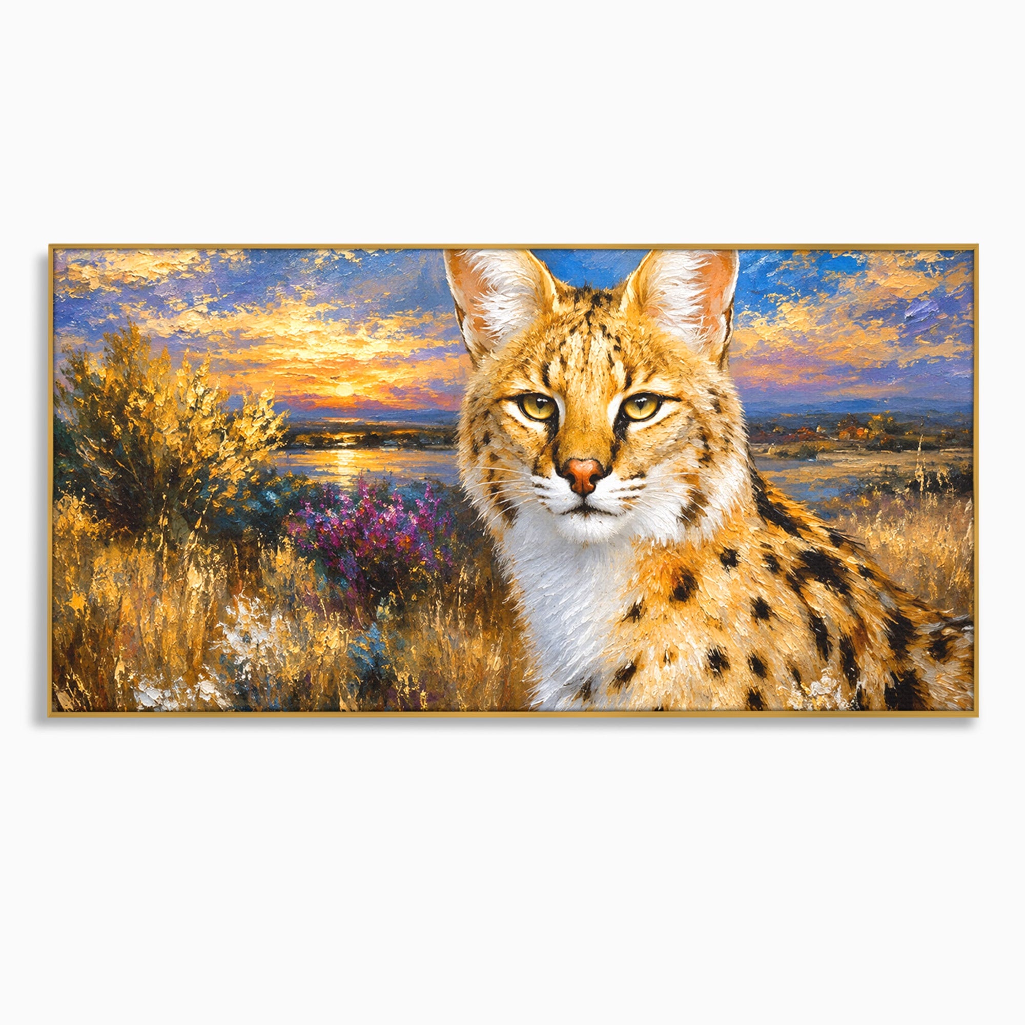 Tablou Canvas Premium LuxCanva® M1607, Serval In Peisaj De Apus, Serval, Apus, Natura, Wildlife, Living, Culori Vibrante
