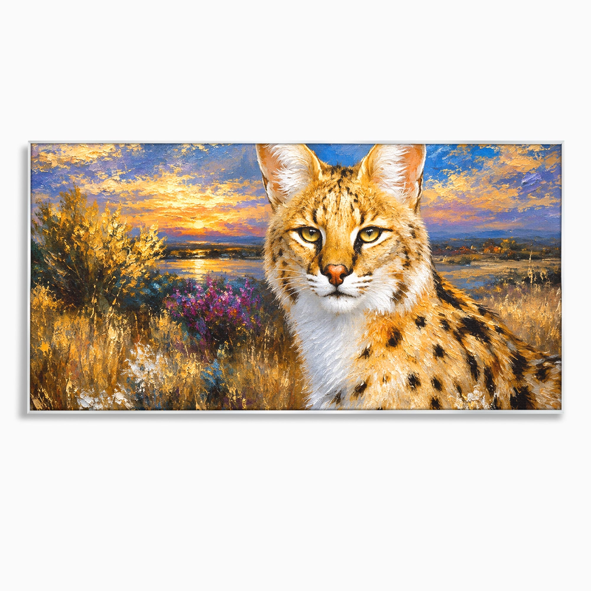 Tablou Canvas Premium LuxCanva® M1607, Serval In Peisaj De Apus, Serval, Apus, Natura, Wildlife, Living, Culori Vibrante