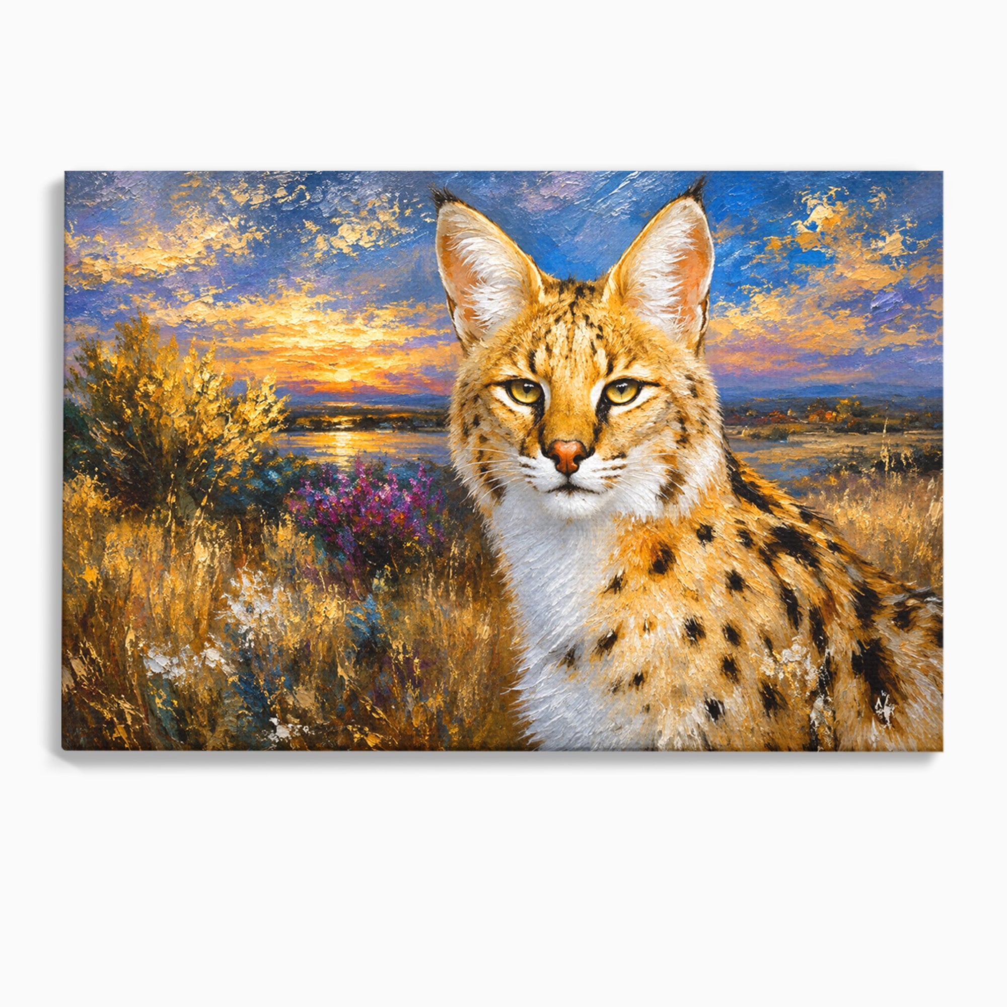 Tablou Canvas Premium LuxCanva® M1607, Serval In Peisaj De Apus, Serval, Apus, Natura, Wildlife, Living, Culori Vibrante