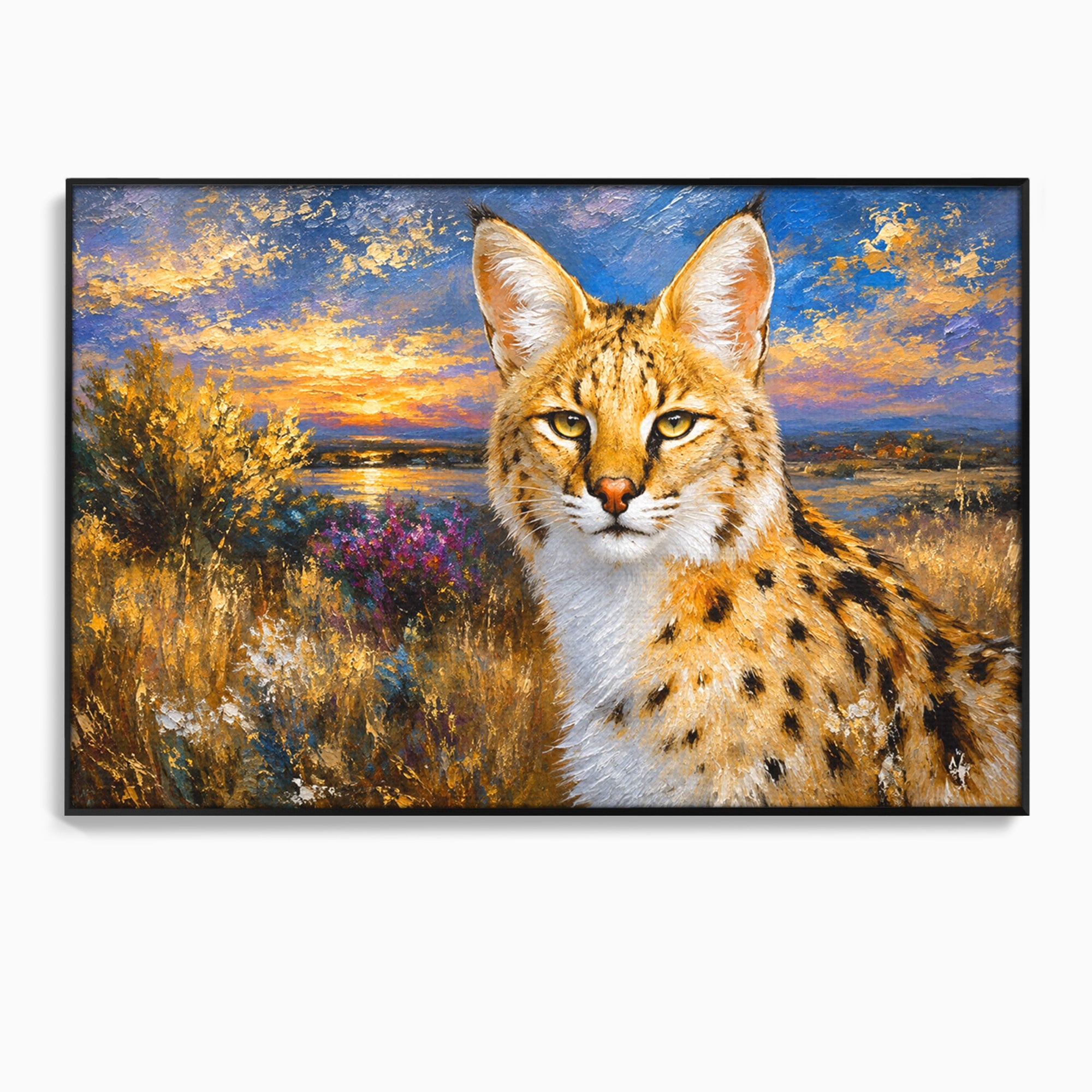 Tablou Canvas Premium LuxCanva® M1607, Serval In Peisaj De Apus, Serval, Apus, Natura, Wildlife, Living, Culori Vibrante