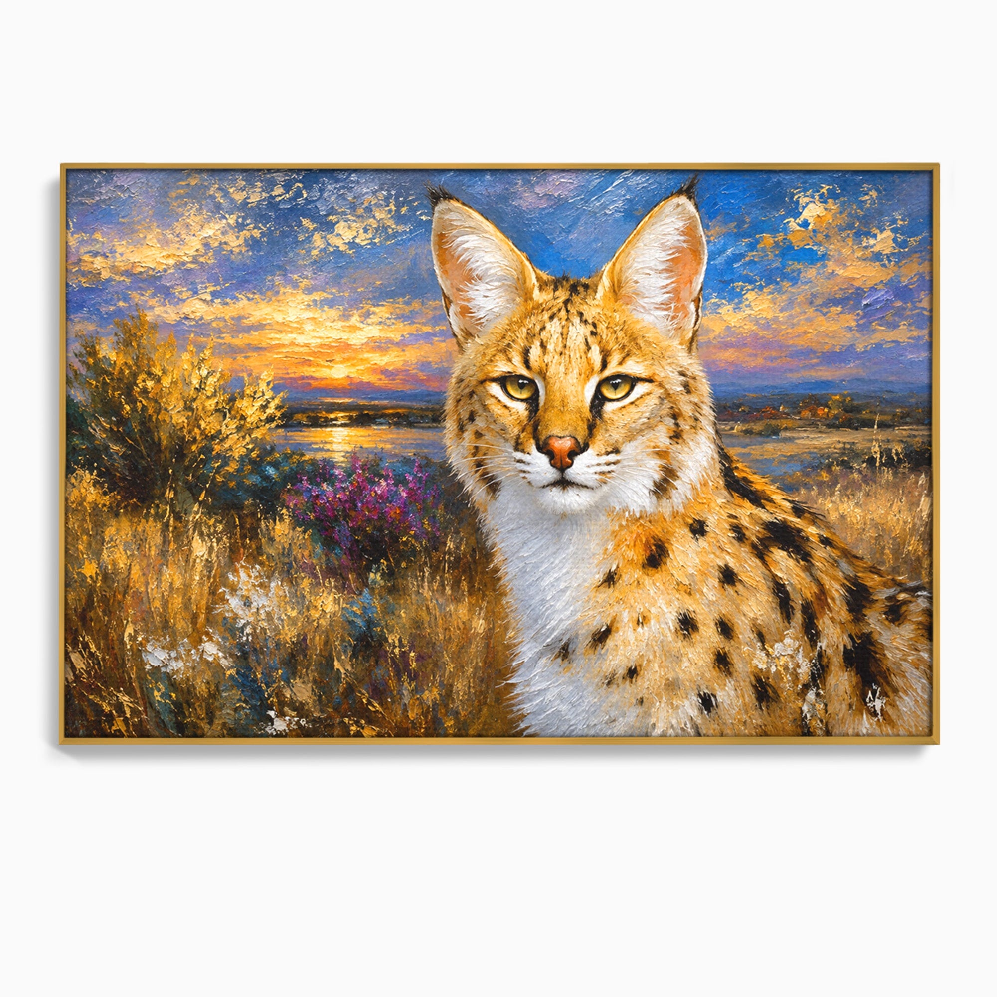 Tablou Canvas Premium LuxCanva® M1607, Serval In Peisaj De Apus, Serval, Apus, Natura, Wildlife, Living, Culori Vibrante