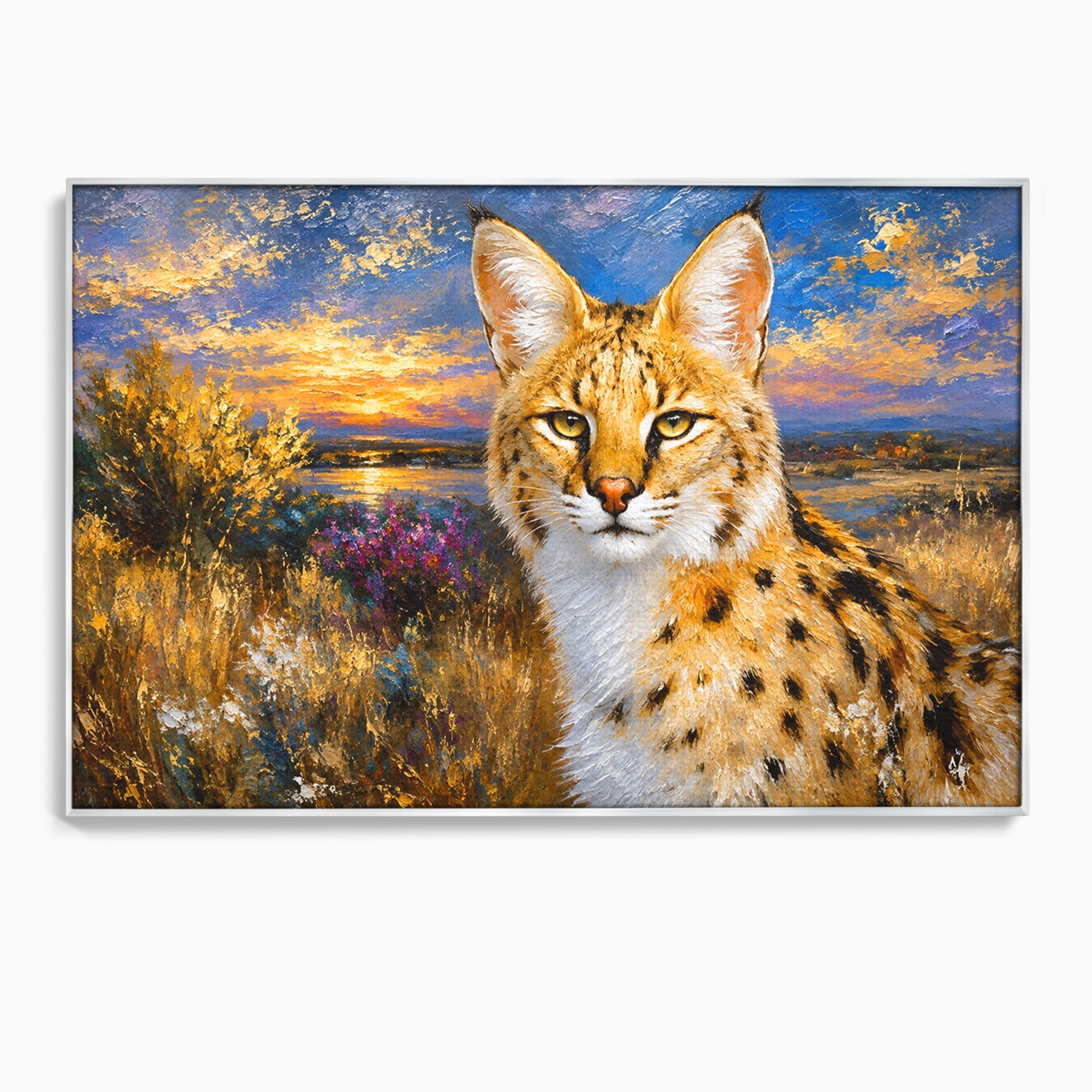 Tablou Canvas Premium LuxCanva® M1607, Serval In Peisaj De Apus, Serval, Apus, Natura, Wildlife, Living, Culori Vibrante