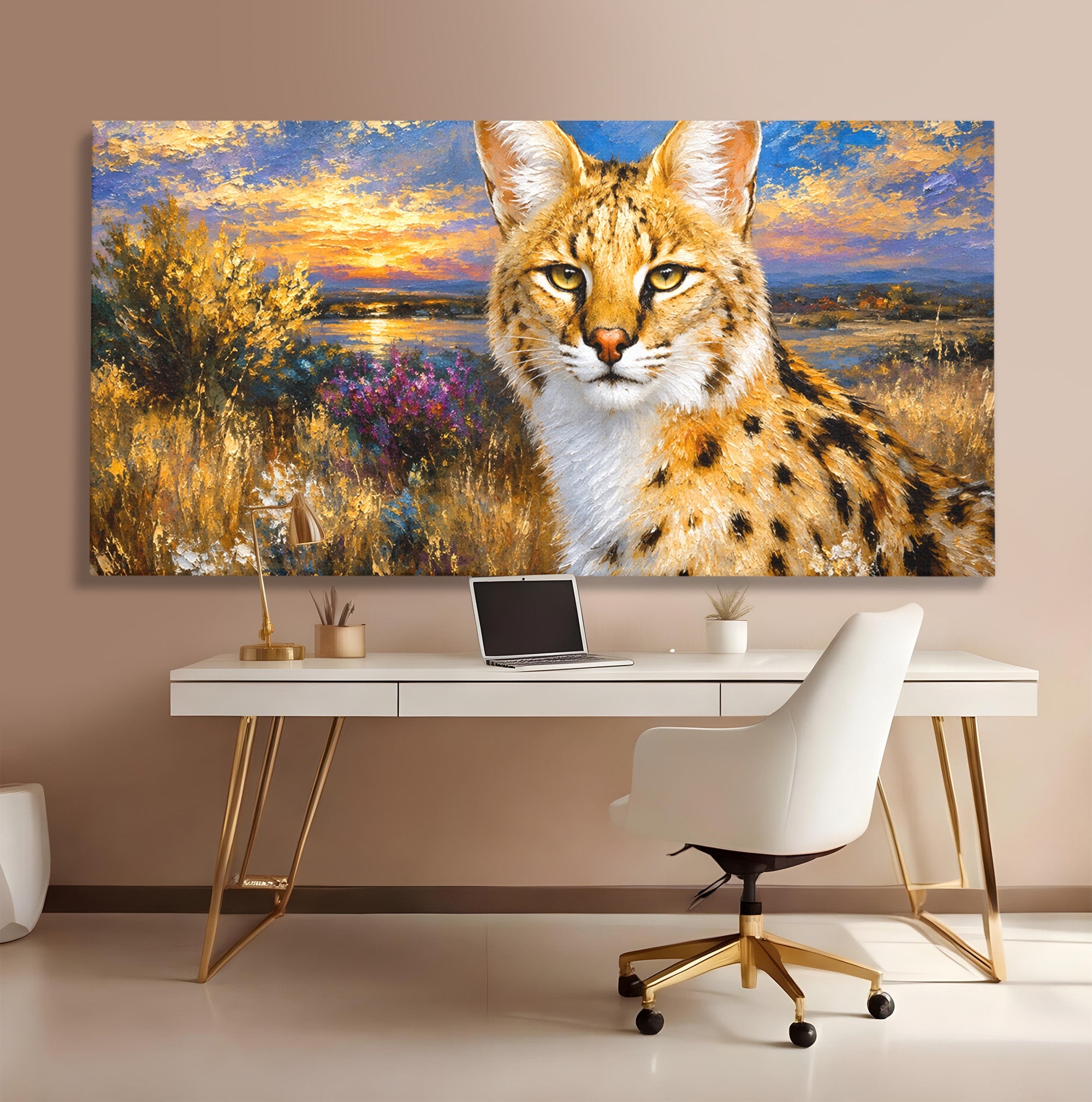 Tablou Canvas Premium LuxCanva® M1607, Serval In Peisaj De Apus, Serval, Apus, Natura, Wildlife, Living, Culori Vibrante