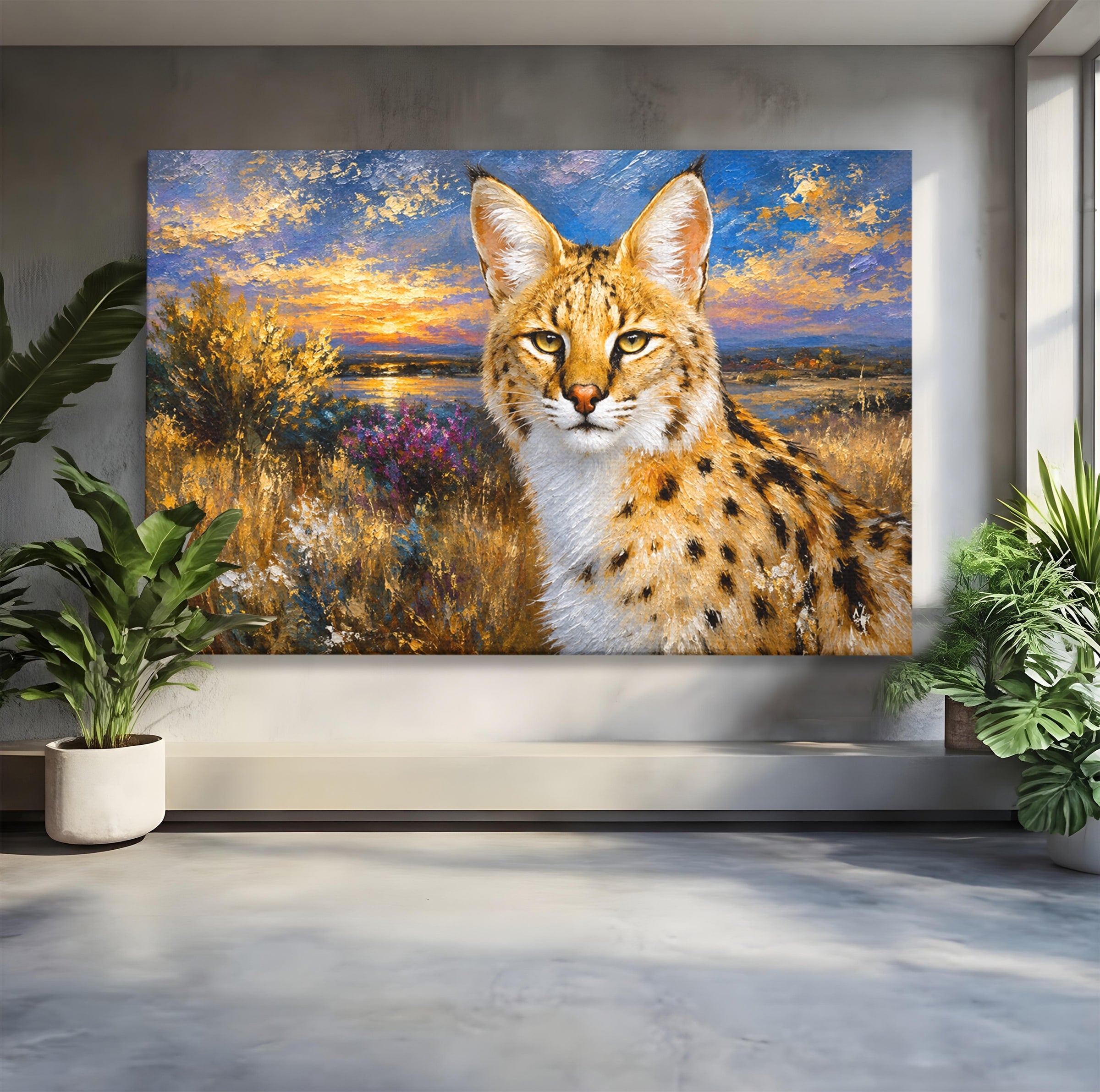 Tablou Canvas Premium LuxCanva® M1607, Serval In Peisaj De Apus, Serval, Apus, Natura, Wildlife, Living, Culori Vibrante