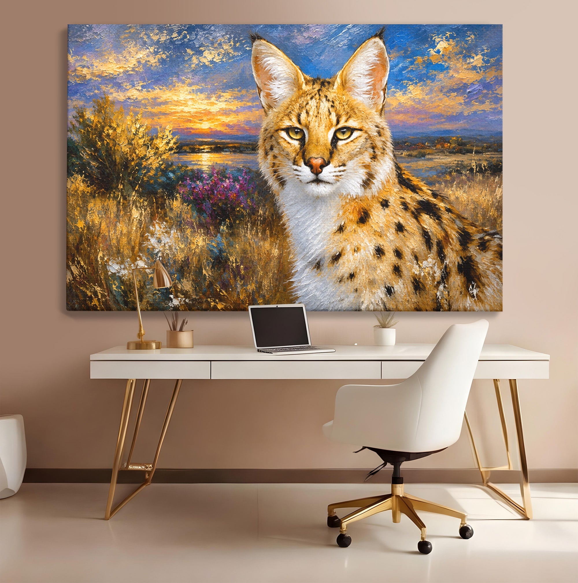 Tablou Canvas Premium LuxCanva® M1607, Serval In Peisaj De Apus, Serval, Apus, Natura, Wildlife, Living, Culori Vibrante