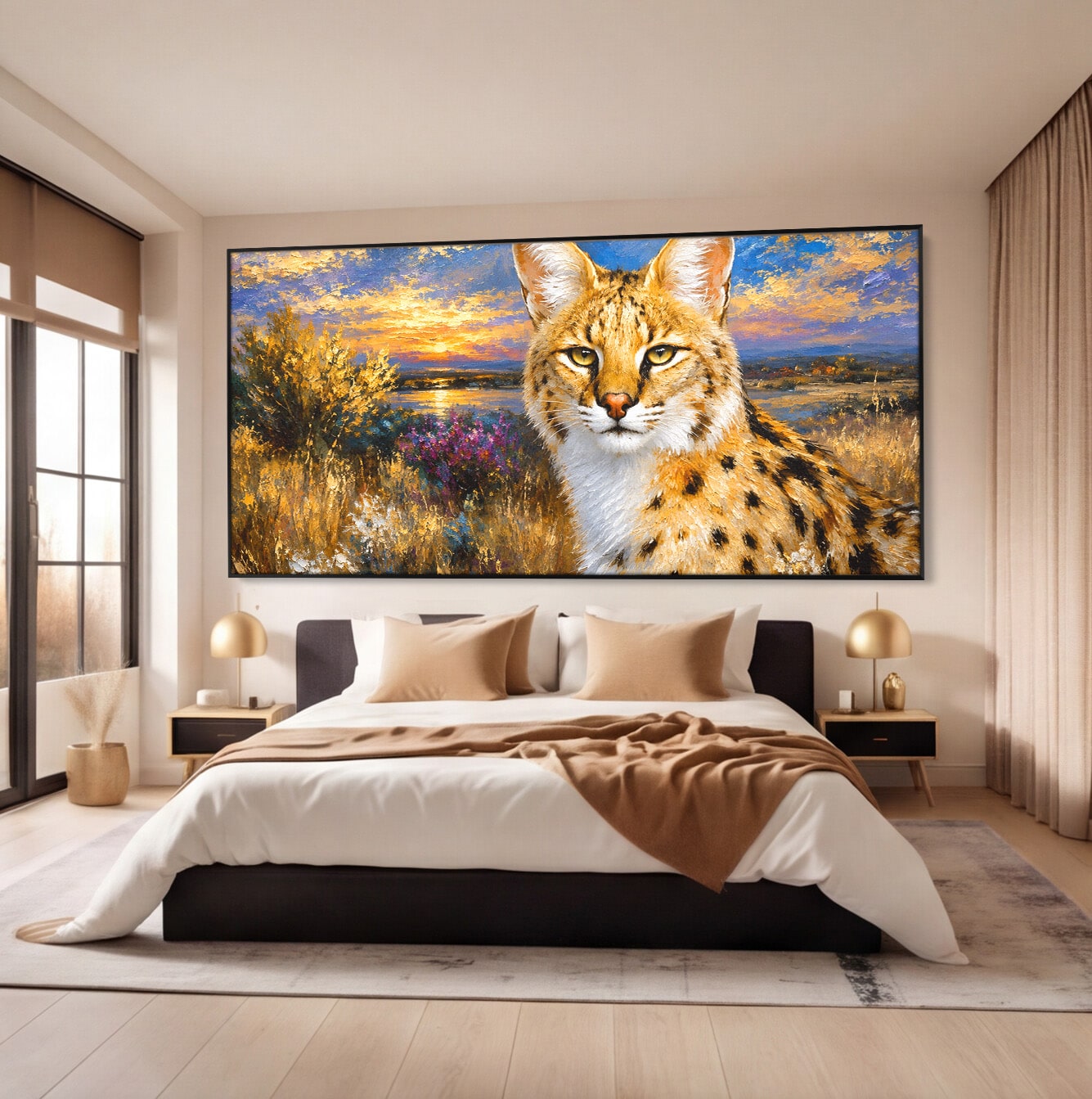 Tablou Canvas Premium LuxCanva® M1607, Serval In Peisaj De Apus, Serval, Apus, Natura, Wildlife, Living, Culori Vibrante