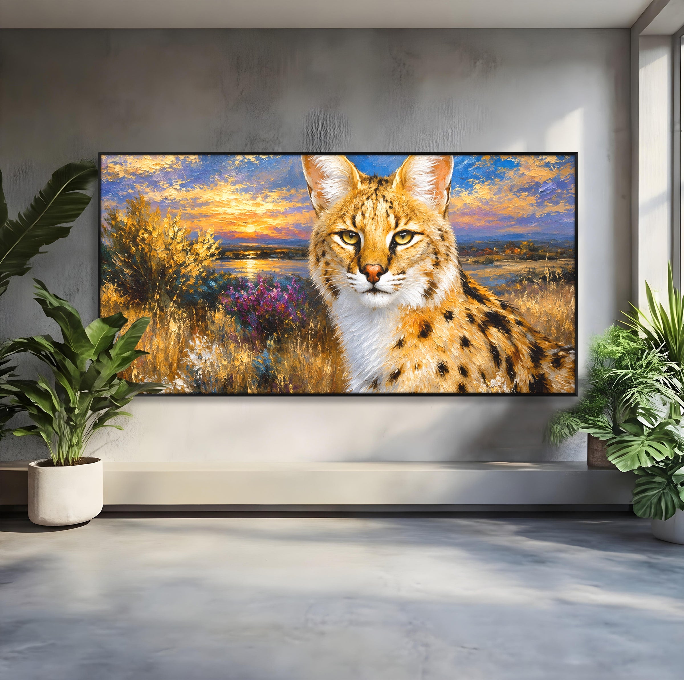 Tablou Canvas Premium LuxCanva® M1607, Serval In Peisaj De Apus, Serval, Apus, Natura, Wildlife, Living, Culori Vibrante