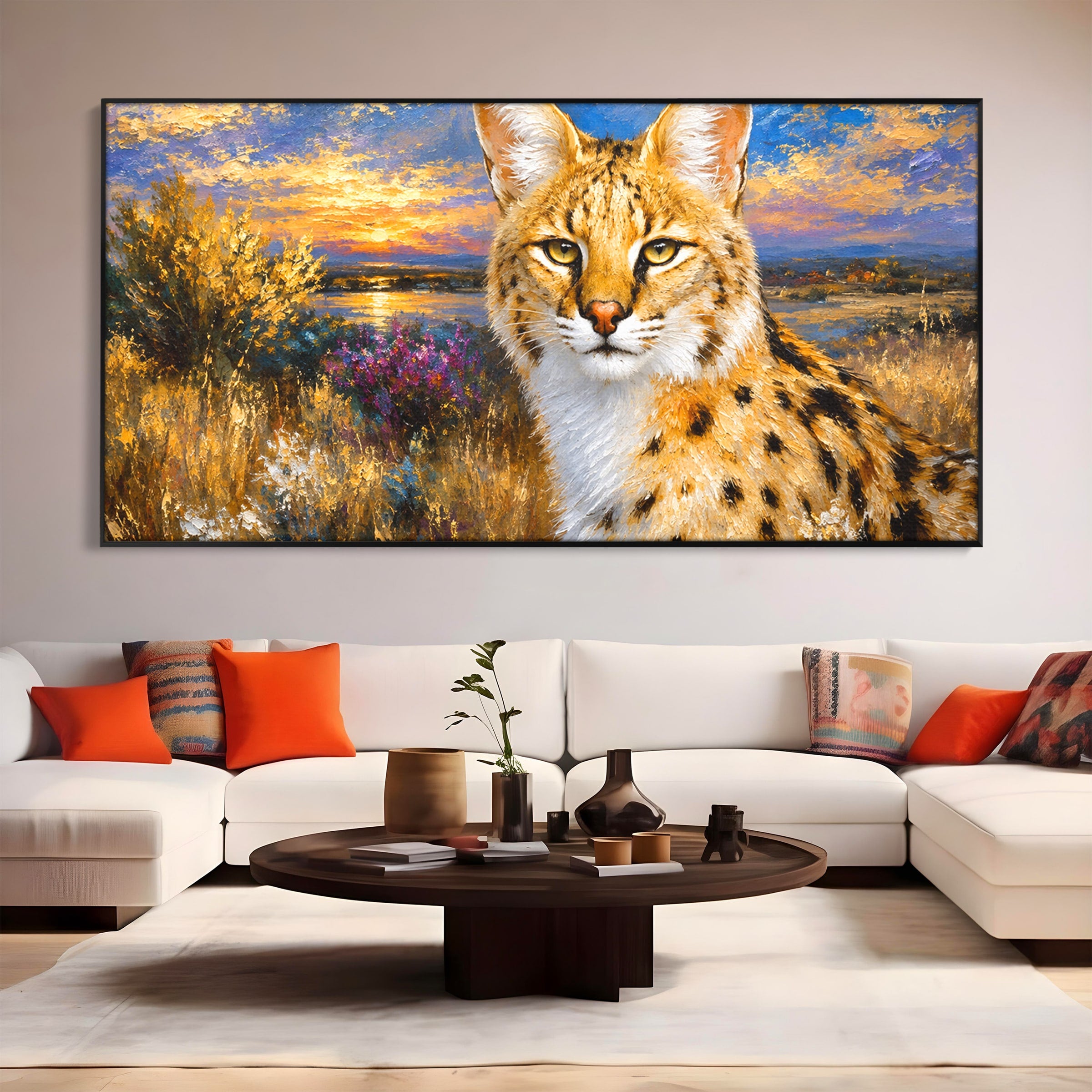 Tablou Canvas Premium LuxCanva® M1607, Serval In Peisaj De Apus, Serval, Apus, Natura, Wildlife, Living, Culori Vibrante