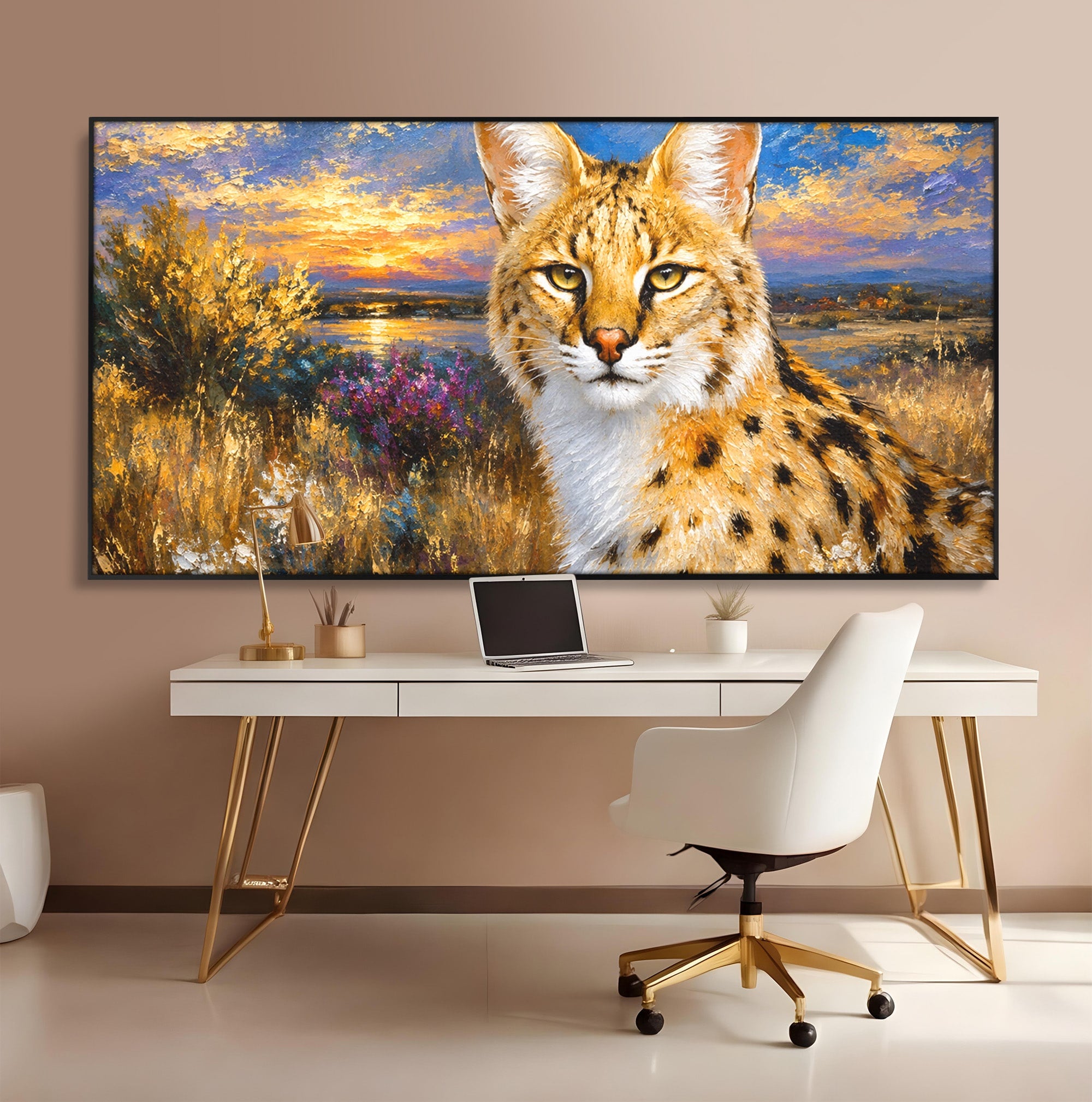 Tablou Canvas Premium LuxCanva® M1607, Serval In Peisaj De Apus, Serval, Apus, Natura, Wildlife, Living, Culori Vibrante