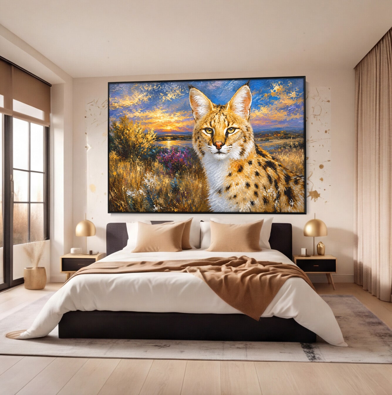 Tablou Canvas Premium LuxCanva® M1607, Serval In Peisaj De Apus, Serval, Apus, Natura, Wildlife, Living, Culori Vibrante