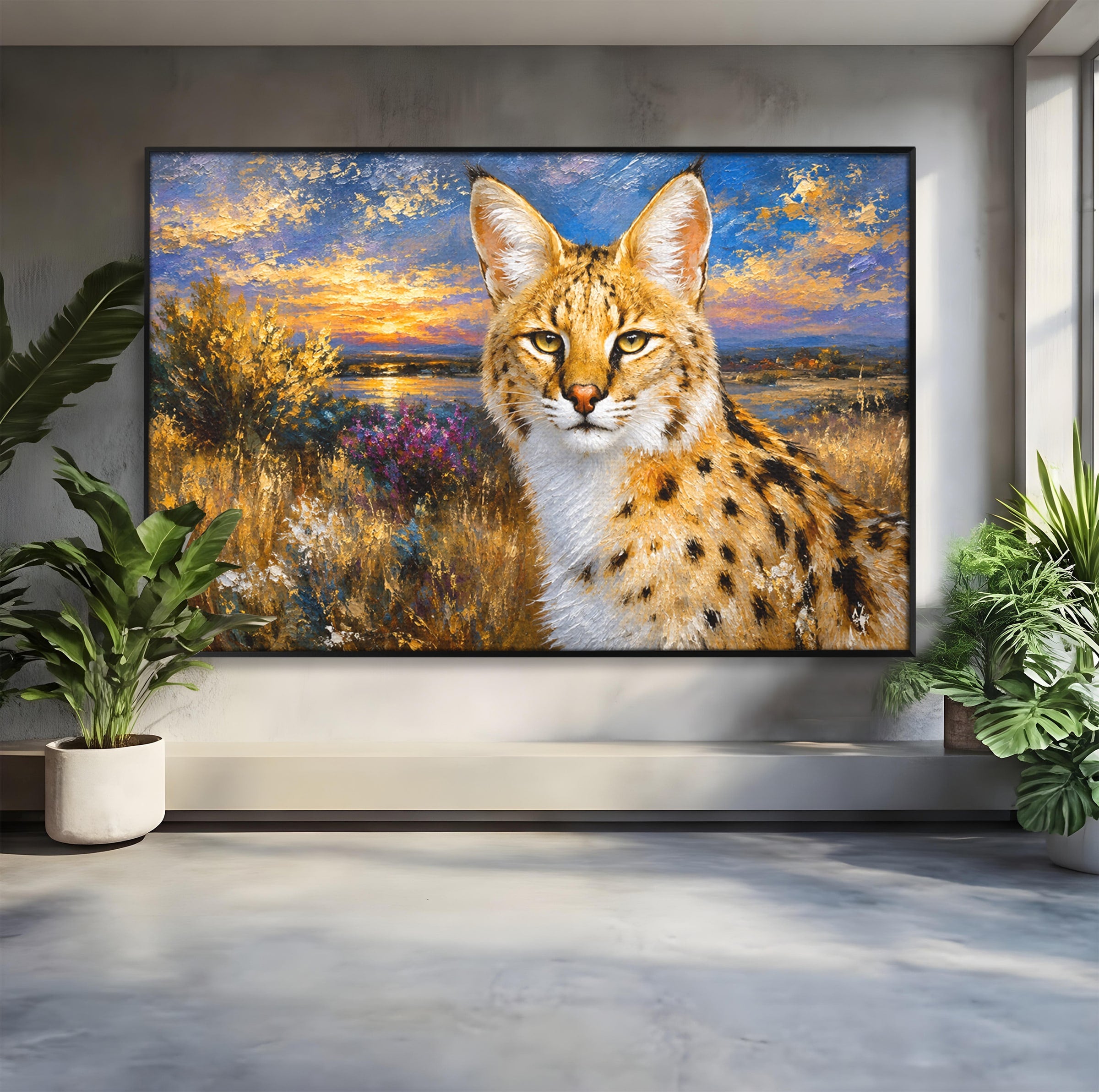 Tablou Canvas Premium LuxCanva® M1607, Serval In Peisaj De Apus, Serval, Apus, Natura, Wildlife, Living, Culori Vibrante