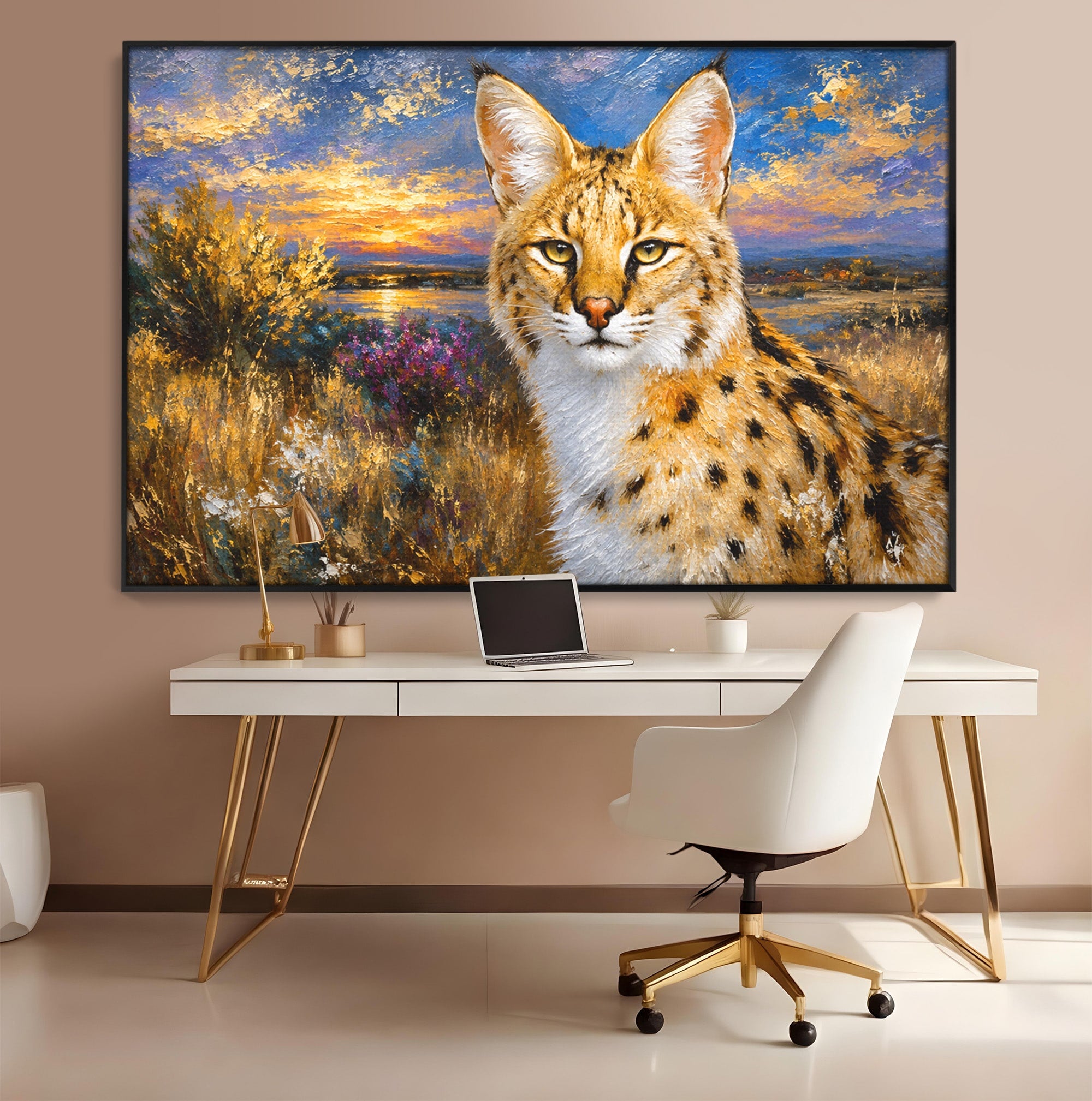 Tablou Canvas Premium LuxCanva® M1607, Serval In Peisaj De Apus, Serval, Apus, Natura, Wildlife, Living, Culori Vibrante