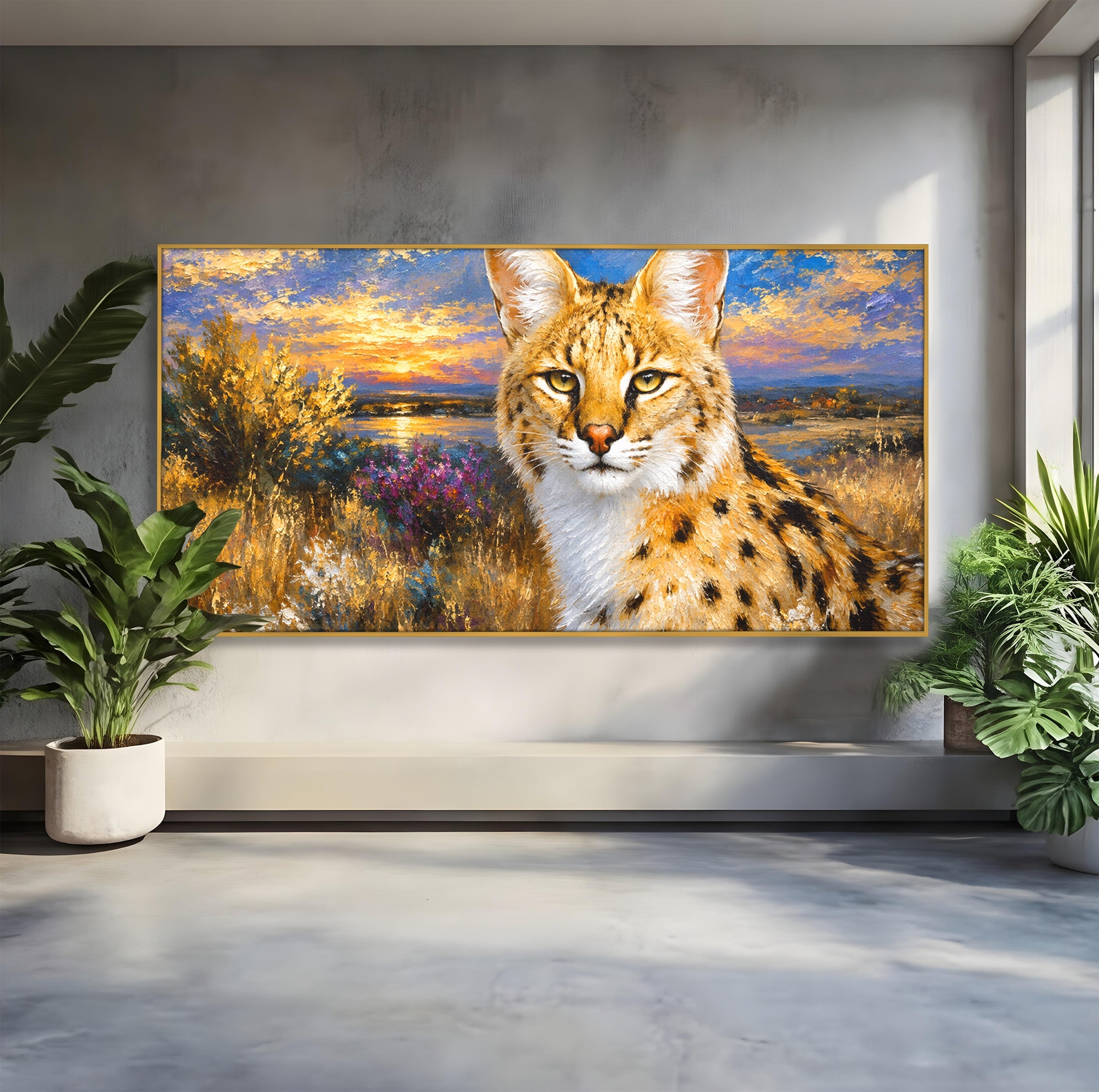 Tablou Canvas Premium LuxCanva® M1607, Serval In Peisaj De Apus, Serval, Apus, Natura, Wildlife, Living, Culori Vibrante