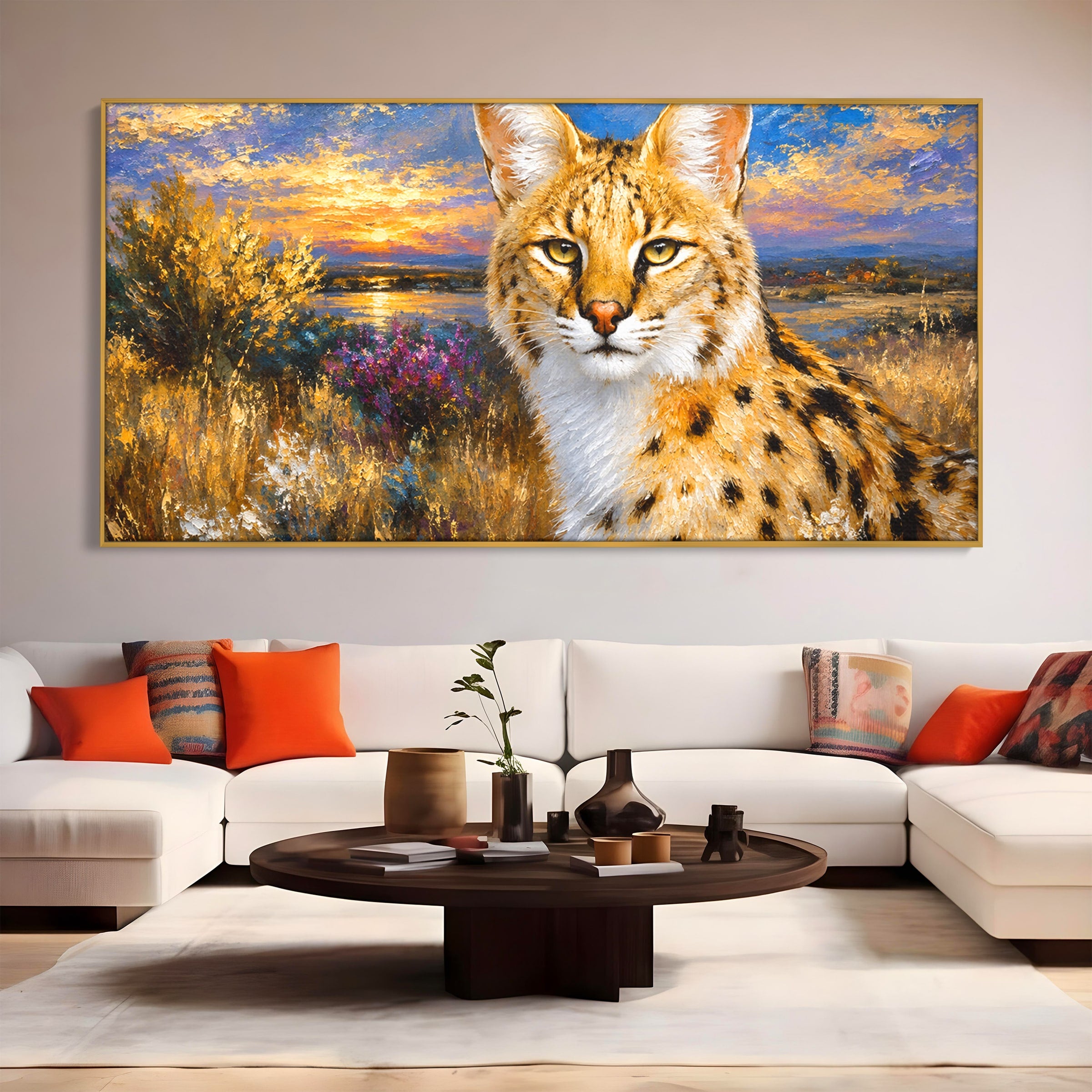 Tablou Canvas Premium LuxCanva® M1607, Serval In Peisaj De Apus, Serval, Apus, Natura, Wildlife, Living, Culori Vibrante
