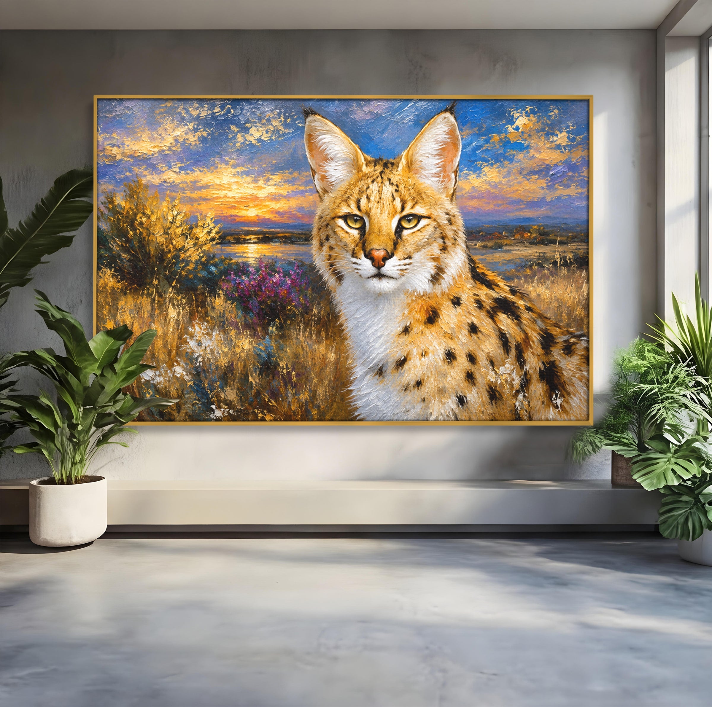 Tablou Canvas Premium LuxCanva® M1607, Serval In Peisaj De Apus, Serval, Apus, Natura, Wildlife, Living, Culori Vibrante