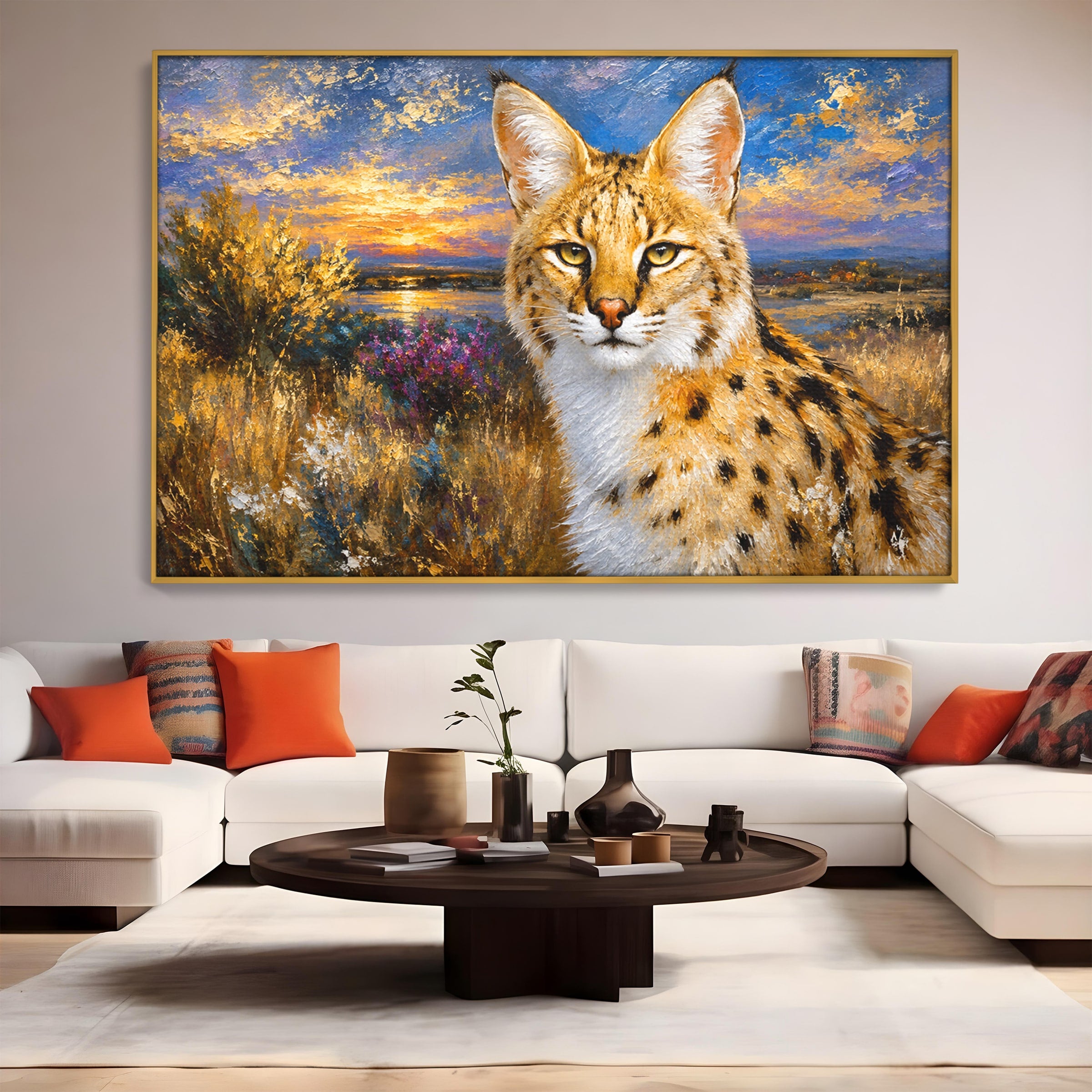 Tablou Canvas Premium LuxCanva® M1607, Serval In Peisaj De Apus, Serval, Apus, Natura, Wildlife, Living, Culori Vibrante