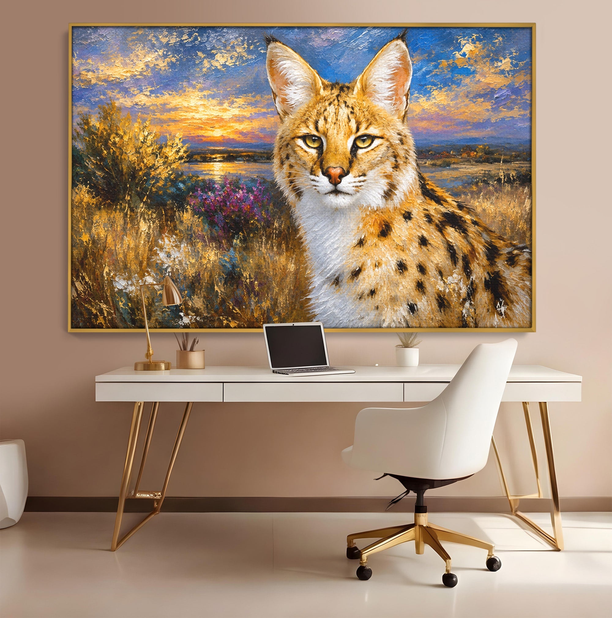 Tablou Canvas Premium LuxCanva® M1607, Serval In Peisaj De Apus, Serval, Apus, Natura, Wildlife, Living, Culori Vibrante