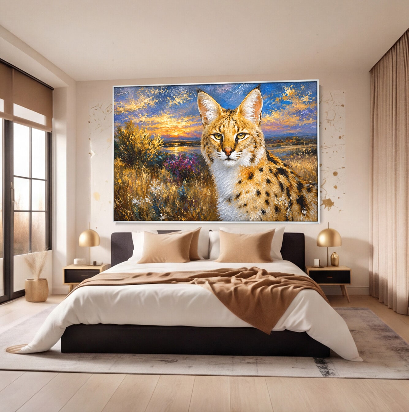 Tablou Canvas Premium LuxCanva® M1607, Serval In Peisaj De Apus, Serval, Apus, Natura, Wildlife, Living, Culori Vibrante