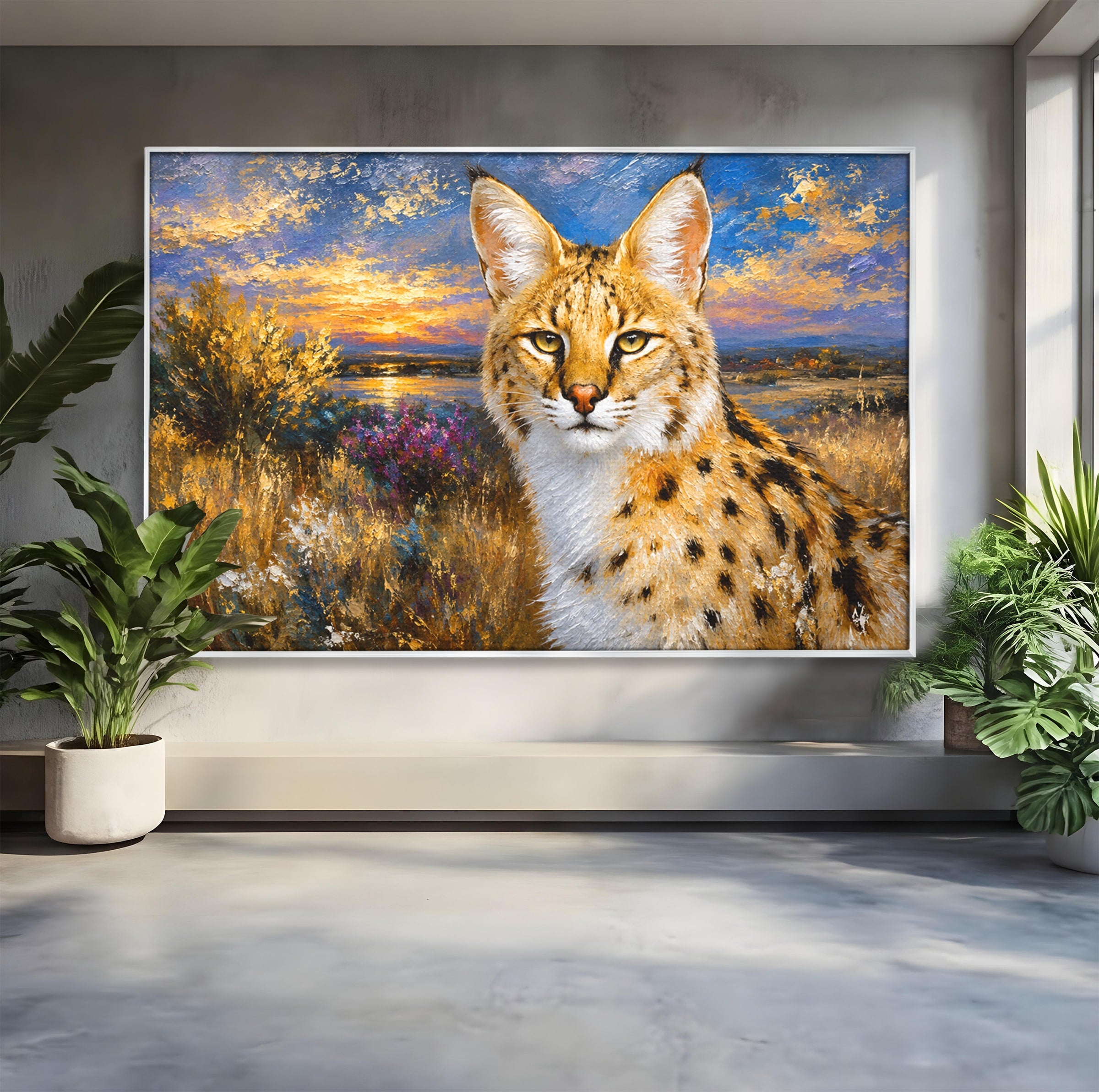 Tablou Canvas Premium LuxCanva® M1607, Serval In Peisaj De Apus, Serval, Apus, Natura, Wildlife, Living, Culori Vibrante