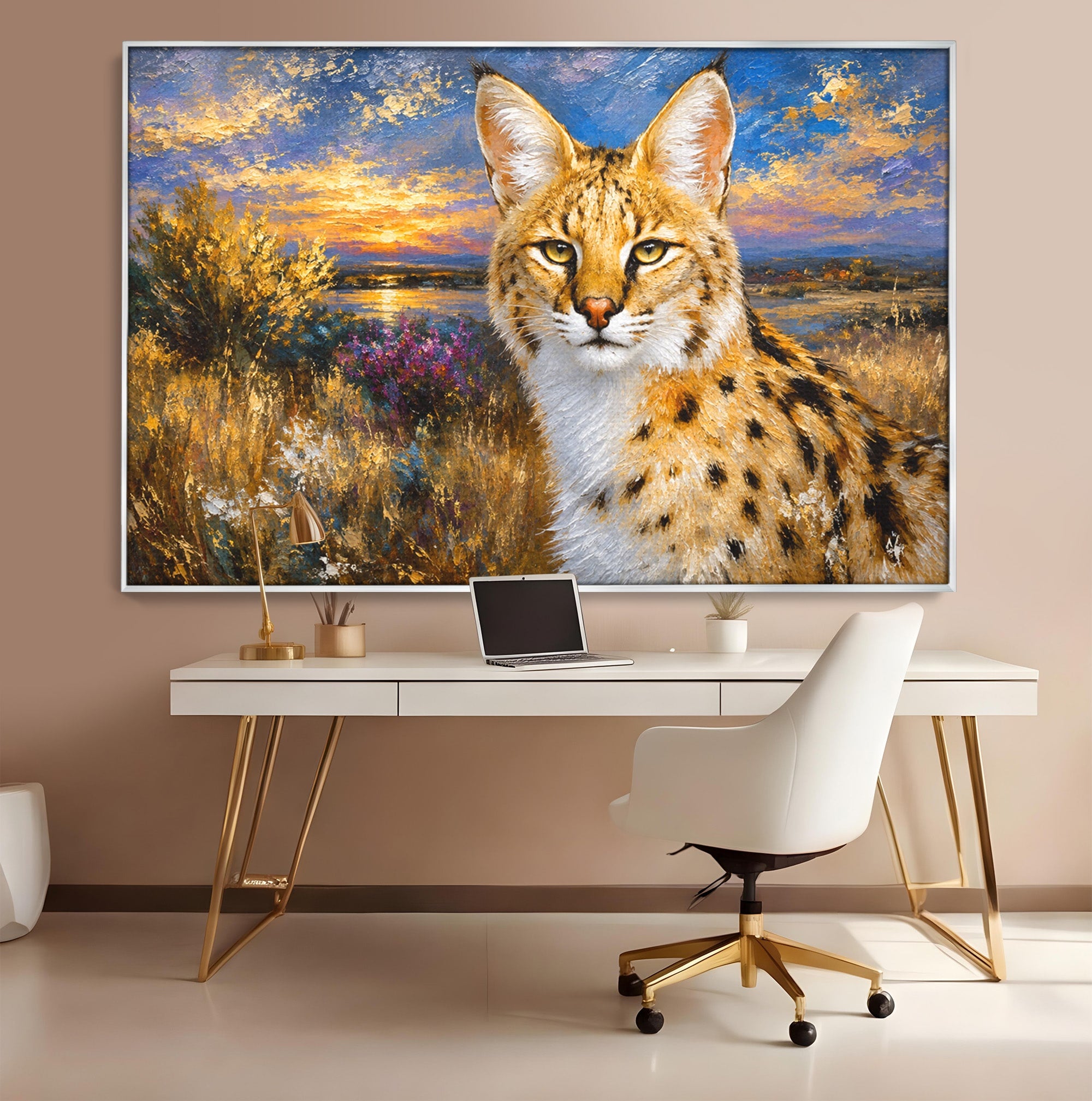 Tablou Canvas Premium LuxCanva® M1607, Serval In Peisaj De Apus, Serval, Apus, Natura, Wildlife, Living, Culori Vibrante