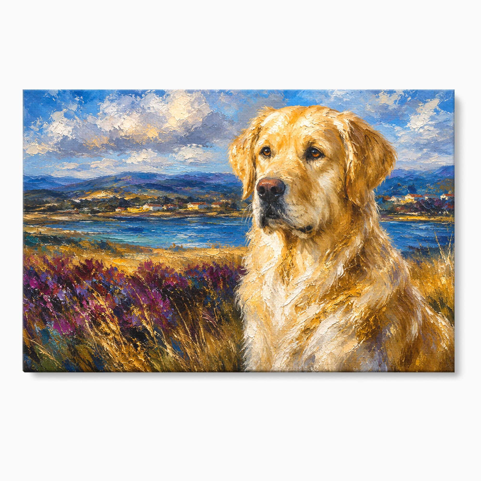 Tablou Canvas Premium LuxCanva® M1609, Golden Retriever in Peisaj, Golden Retriever, Peisaj, Caine, Natura, Living, Dormitor, Culori Vibrante
