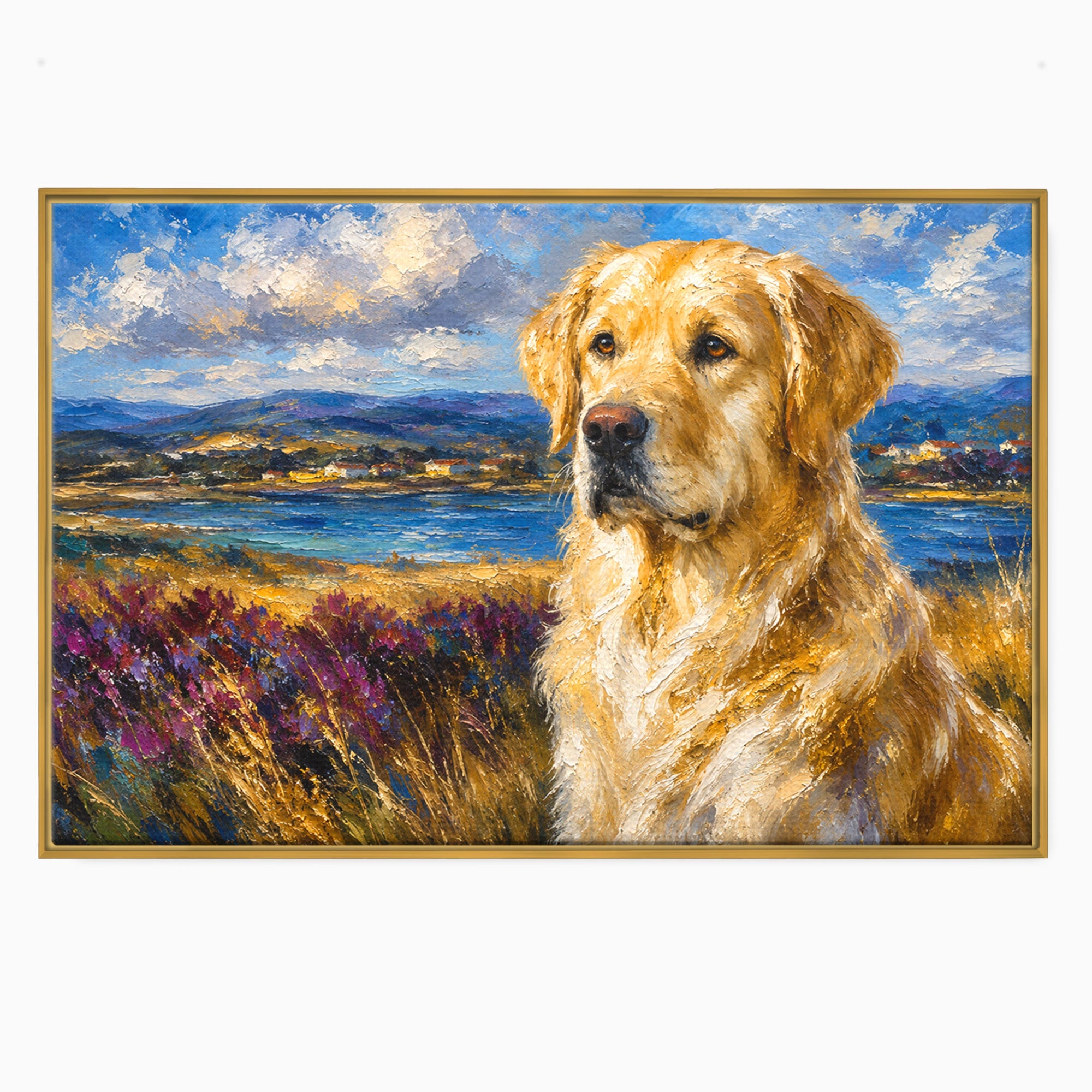 Tablou Canvas Premium LuxCanva® M1609, Golden Retriever in Peisaj, Golden Retriever, Peisaj, Caine, Natura, Living, Dormitor, Culori Vibrante