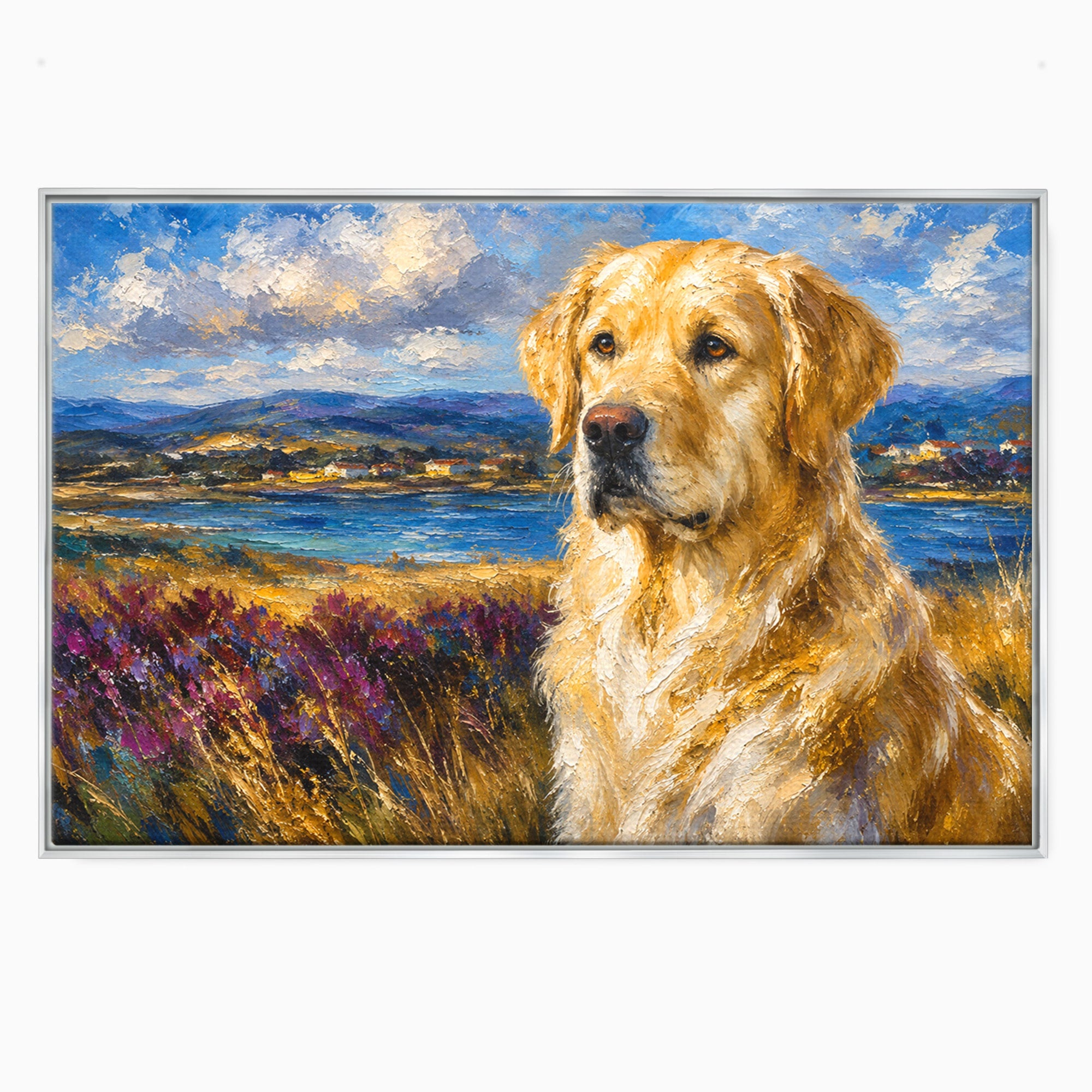 Tablou Canvas Premium LuxCanva® M1609, Golden Retriever in Peisaj, Golden Retriever, Peisaj, Caine, Natura, Living, Dormitor, Culori Vibrante