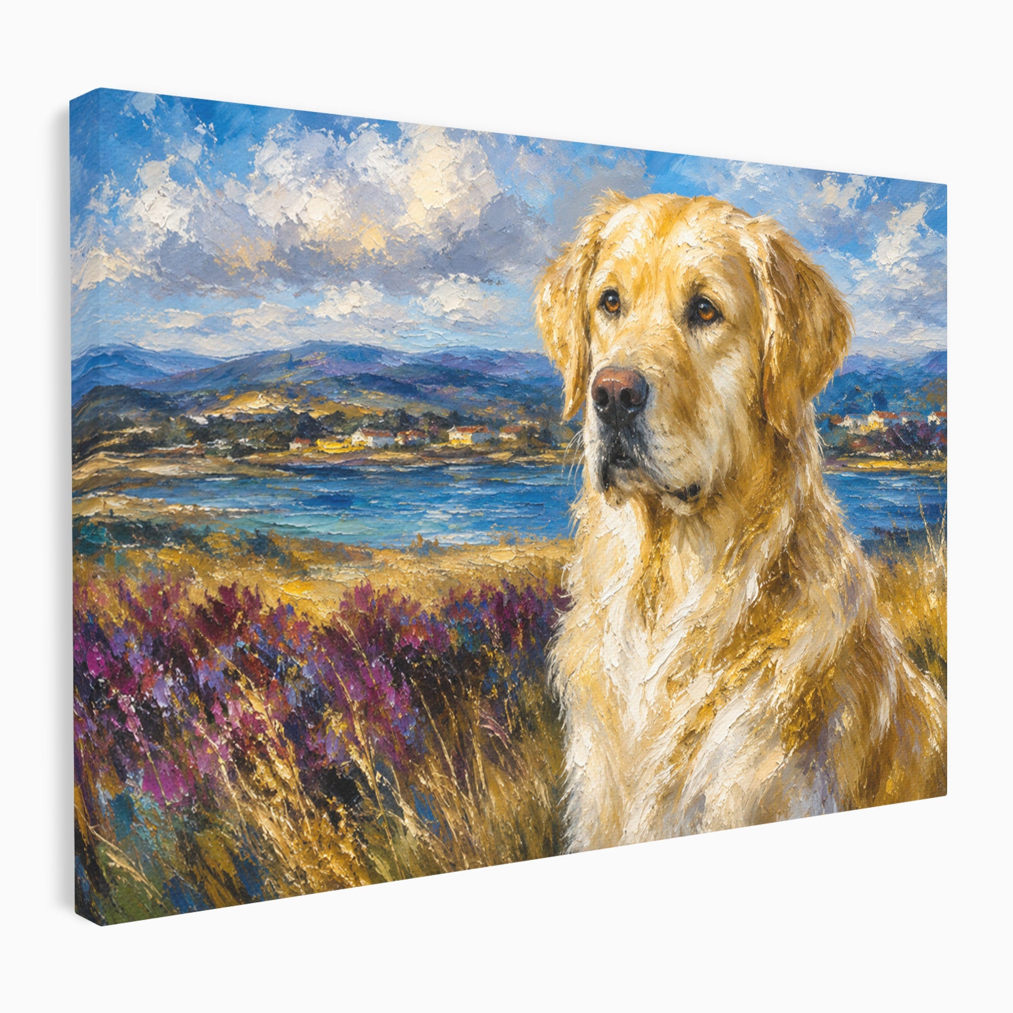 Tablou Canvas Premium LuxCanva® M1609, Golden Retriever in Peisaj, Golden Retriever, Peisaj, Caine, Natura, Living, Dormitor, Culori Vibrante