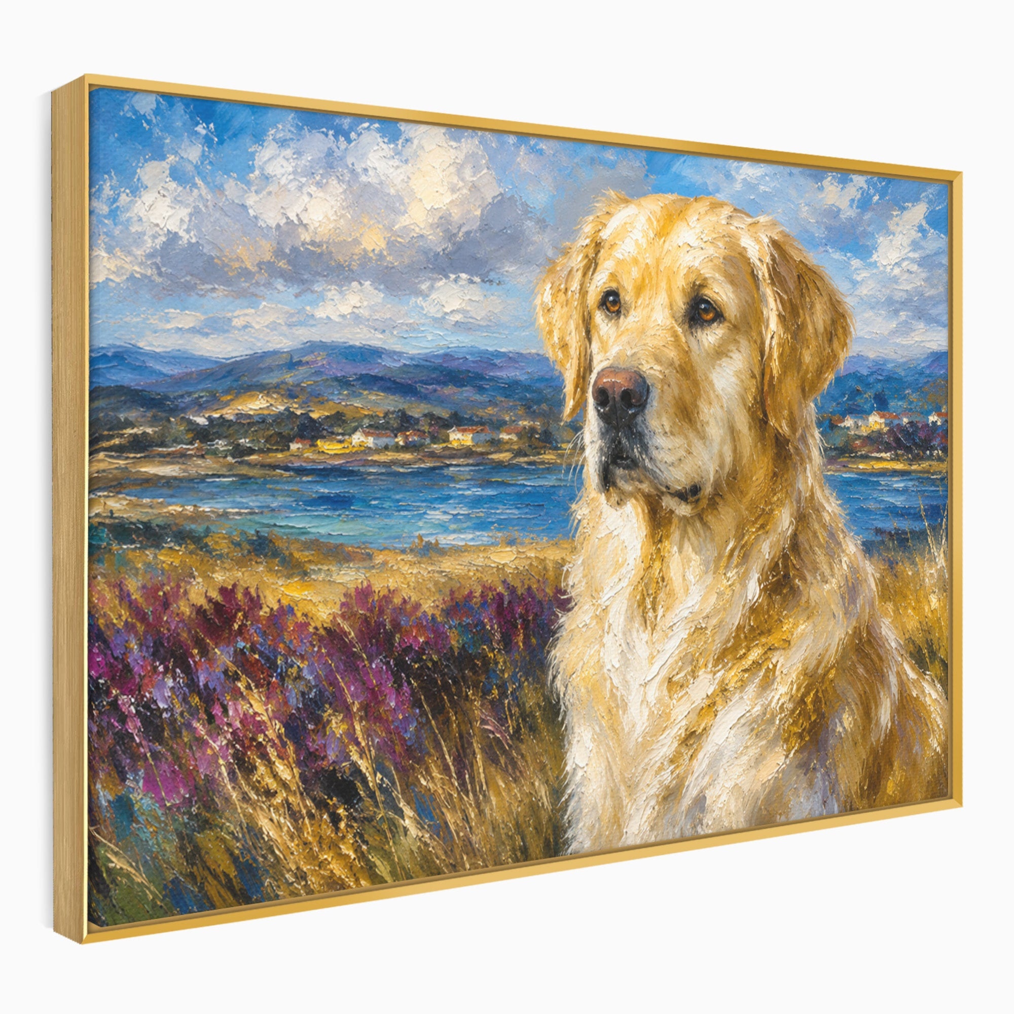 Tablou Canvas Premium LuxCanva® M1609, Golden Retriever in Peisaj, Golden Retriever, Peisaj, Caine, Natura, Living, Dormitor, Culori Vibrante