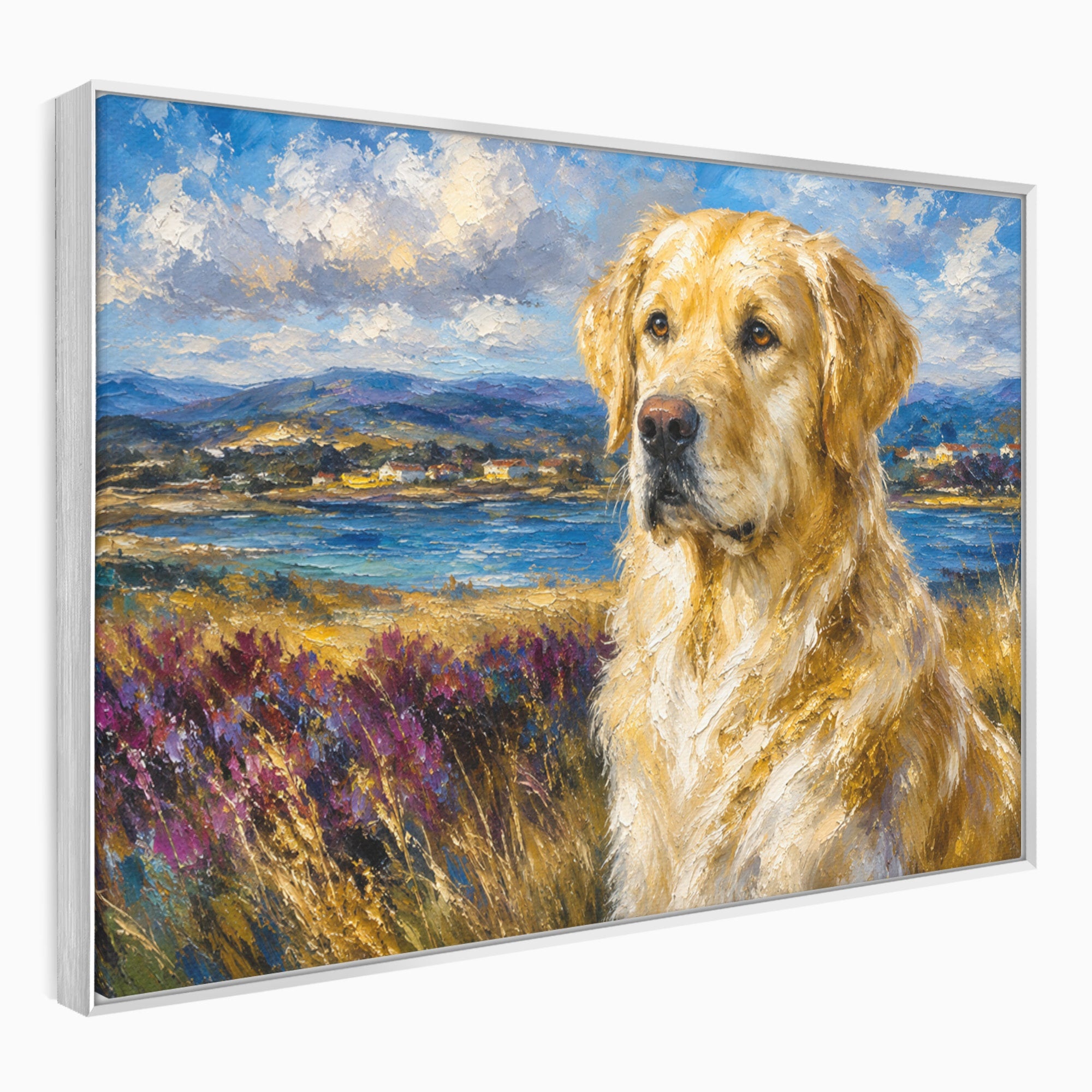 Tablou Canvas Premium LuxCanva® M1609, Golden Retriever in Peisaj, Golden Retriever, Peisaj, Caine, Natura, Living, Dormitor, Culori Vibrante