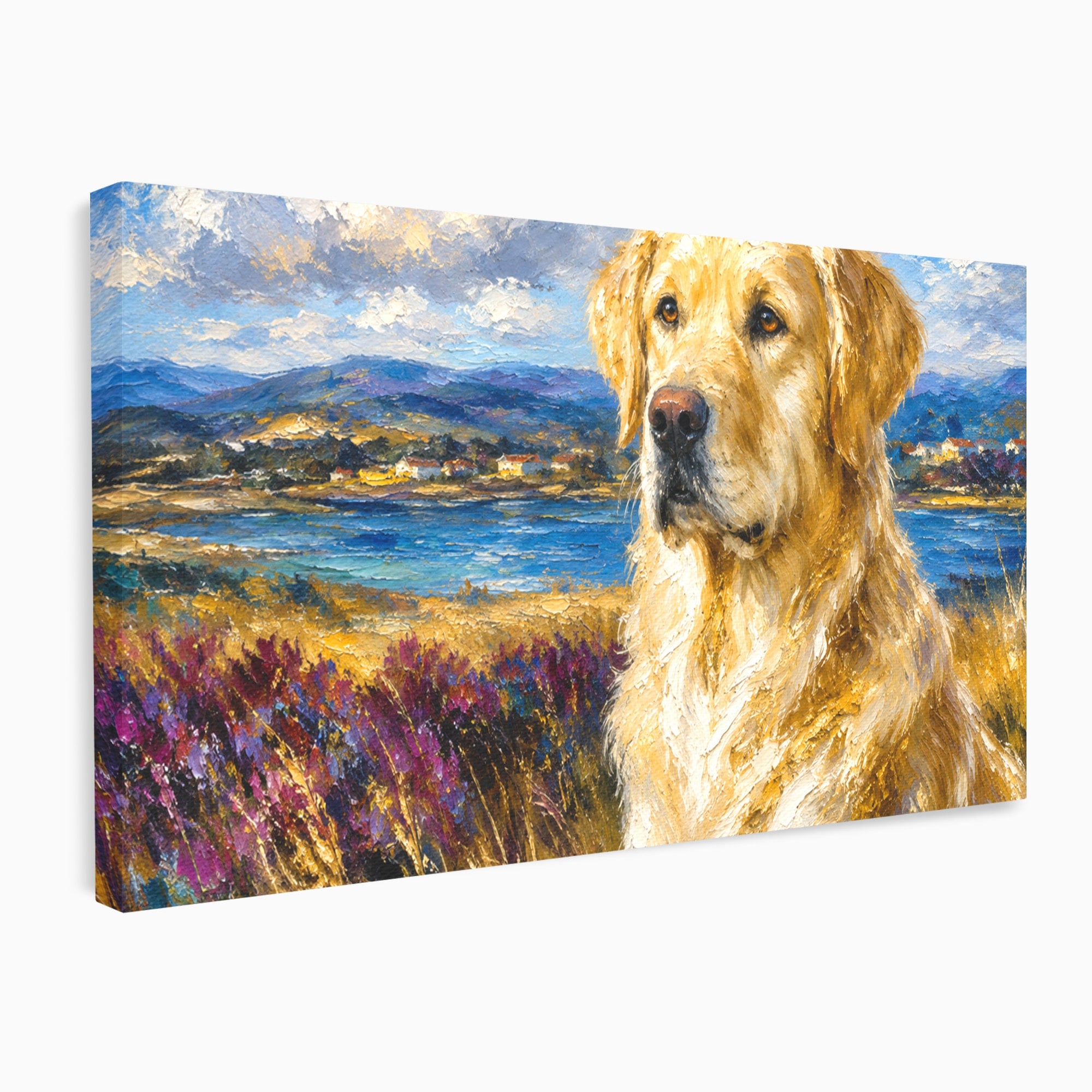 Tablou Canvas Premium LuxCanva® M1609, Golden Retriever in Peisaj, Golden Retriever, Peisaj, Caine, Natura, Living, Dormitor, Culori Vibrante