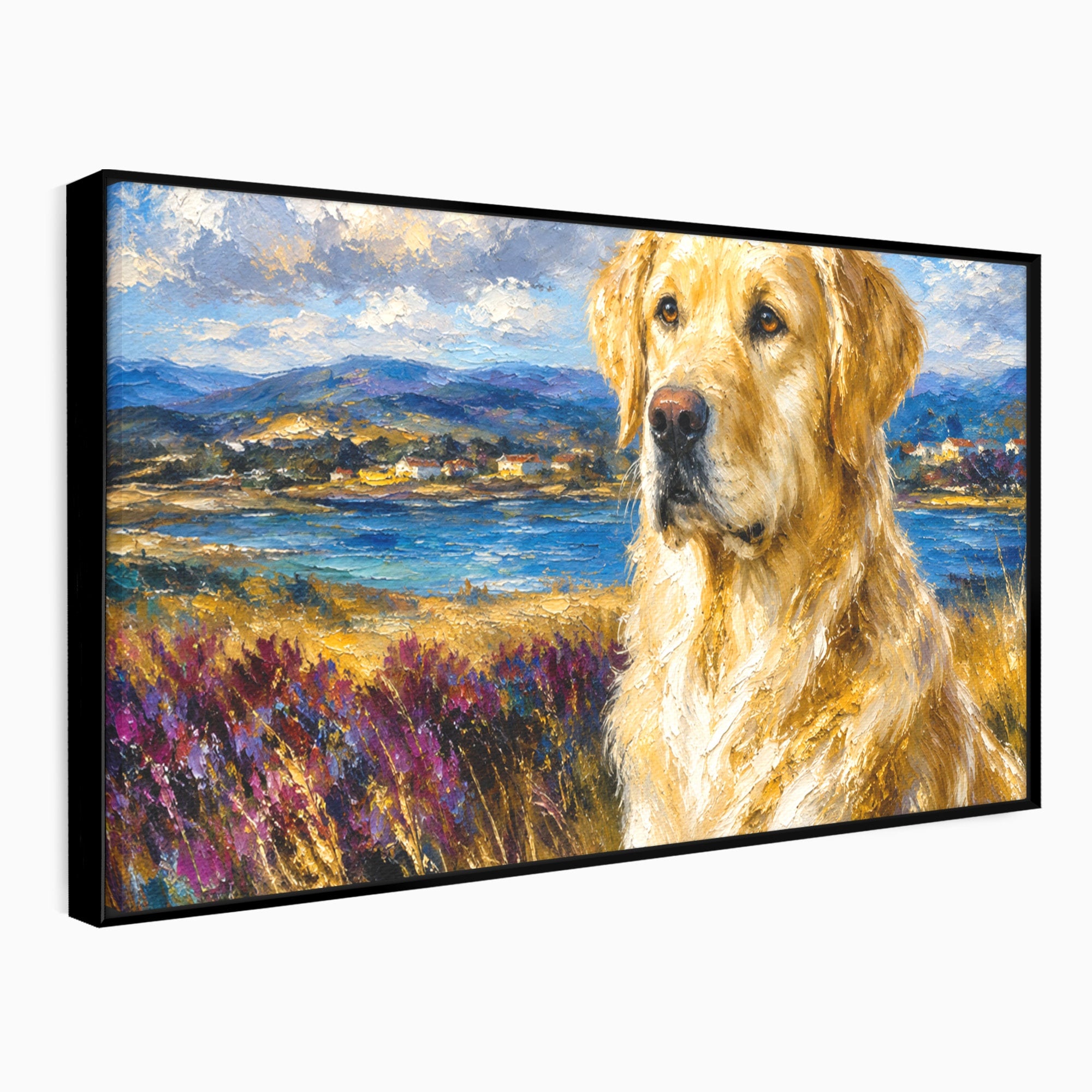 Tablou Canvas Premium LuxCanva® M1609, Golden Retriever in Peisaj, Golden Retriever, Peisaj, Caine, Natura, Living, Dormitor, Culori Vibrante