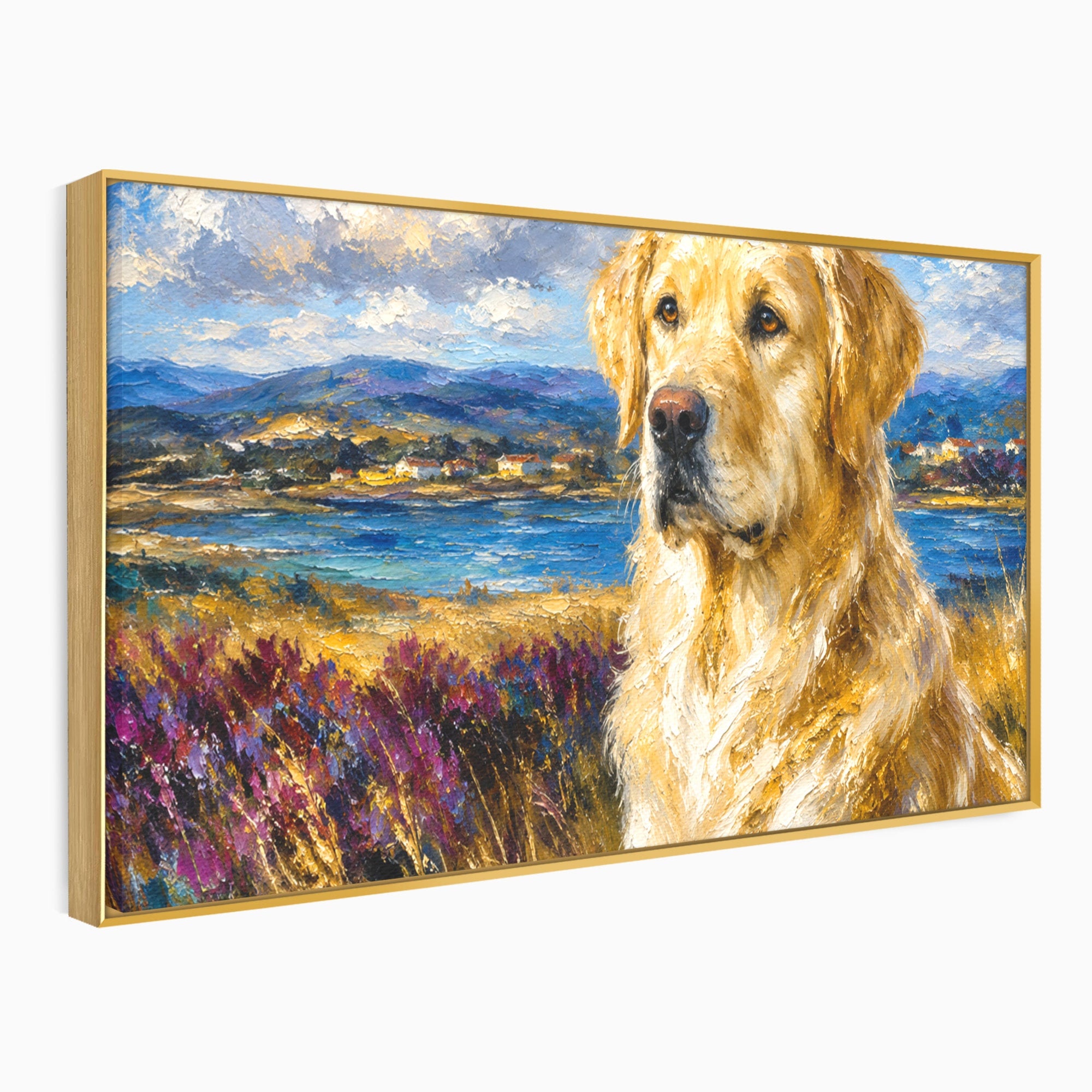 Tablou Canvas Premium LuxCanva® M1609, Golden Retriever in Peisaj, Golden Retriever, Peisaj, Caine, Natura, Living, Dormitor, Culori Vibrante