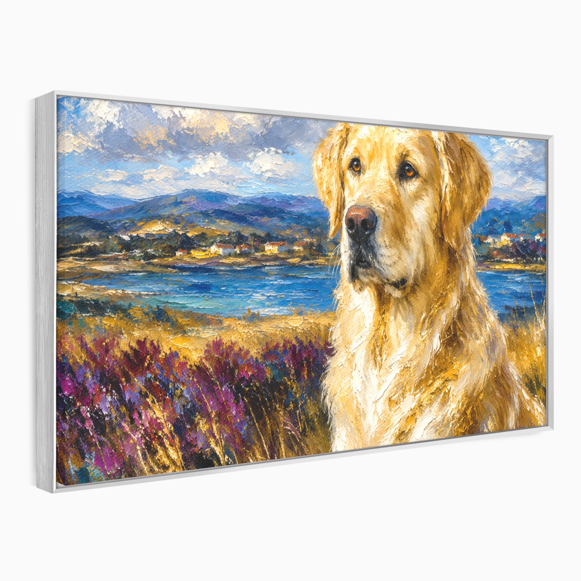 Tablou Canvas Premium LuxCanva® M1609, Golden Retriever in Peisaj, Golden Retriever, Peisaj, Caine, Natura, Living, Dormitor, Culori Vibrante