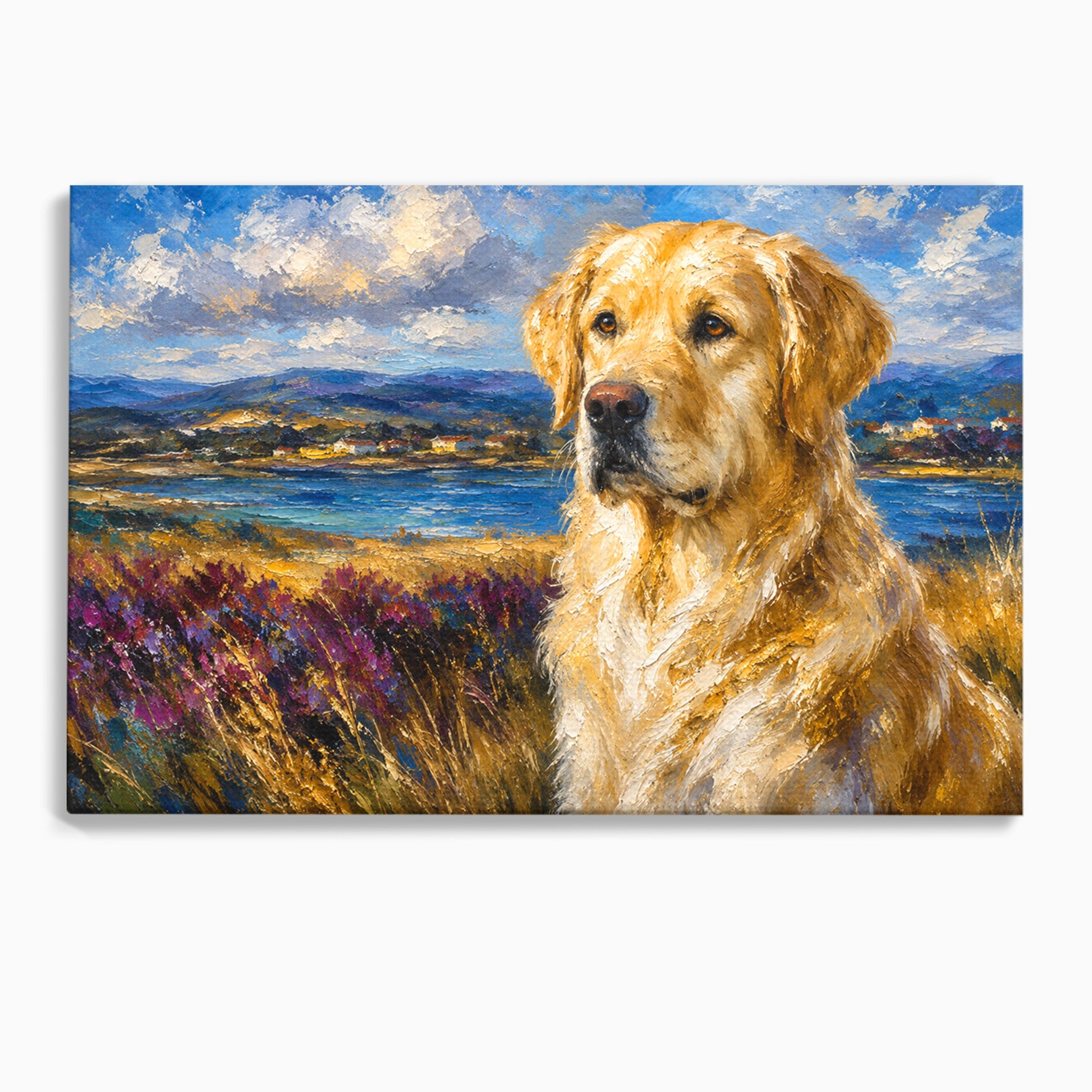 Tablou Canvas Premium LuxCanva® M1609, Golden Retriever in Peisaj, Golden Retriever, Peisaj, Caine, Natura, Living, Dormitor, Culori Vibrante