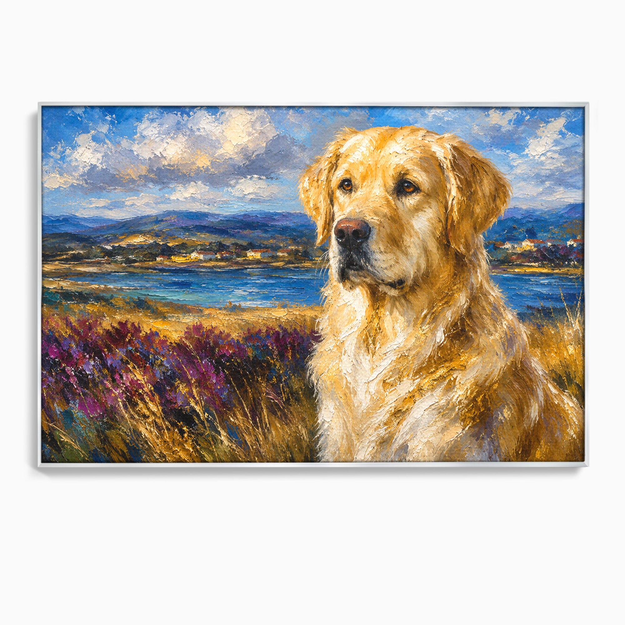Tablou Canvas Premium LuxCanva® M1609, Golden Retriever in Peisaj, Golden Retriever, Peisaj, Caine, Natura, Living, Dormitor, Culori Vibrante
