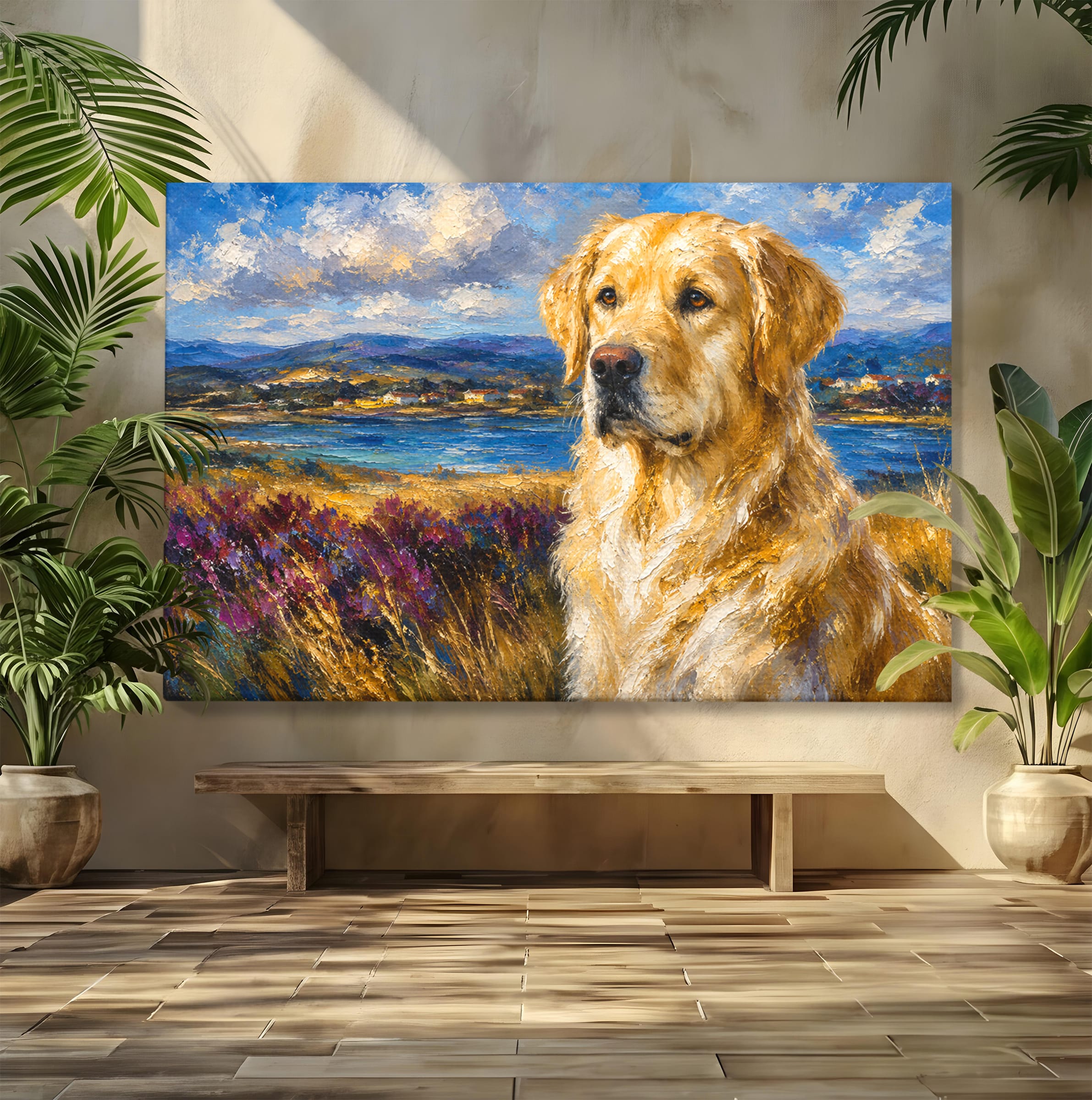 Tablou Canvas Premium LuxCanva® M1609, Golden Retriever in Peisaj, Golden Retriever, Peisaj, Caine, Natura, Living, Dormitor, Culori Vibrante