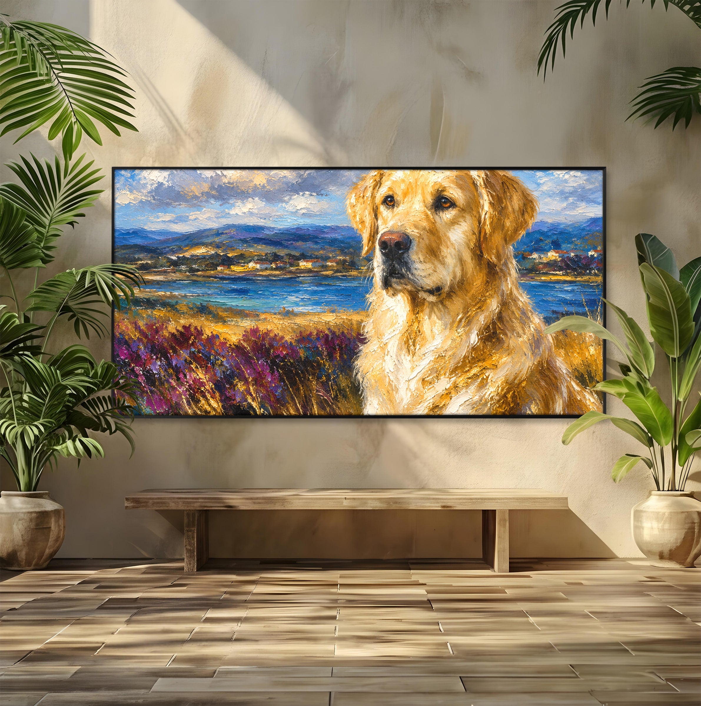 Tablou Canvas Premium LuxCanva® M1609, Golden Retriever in Peisaj, Golden Retriever, Peisaj, Caine, Natura, Living, Dormitor, Culori Vibrante