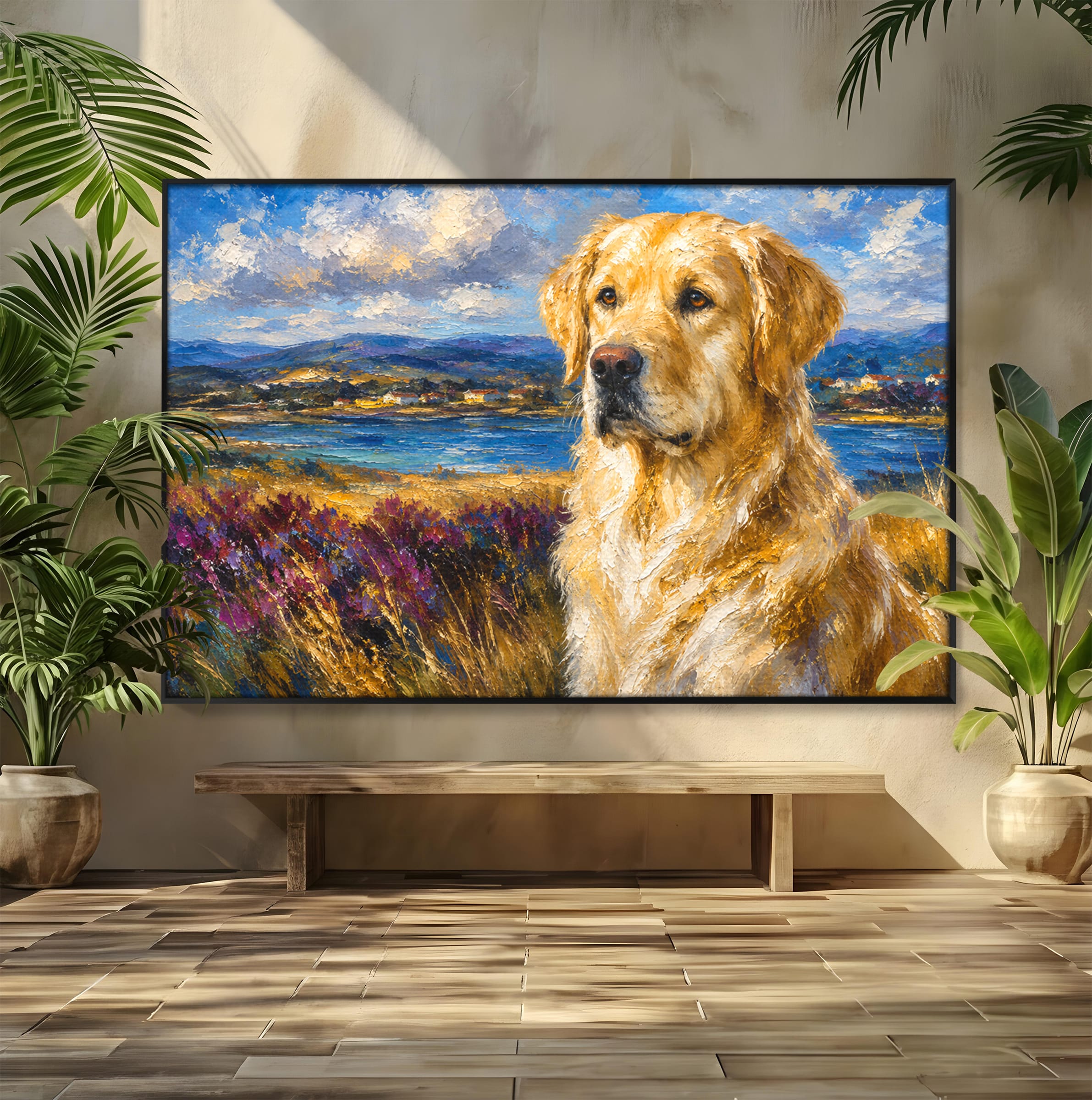 Tablou Canvas Premium LuxCanva® M1609, Golden Retriever in Peisaj, Golden Retriever, Peisaj, Caine, Natura, Living, Dormitor, Culori Vibrante