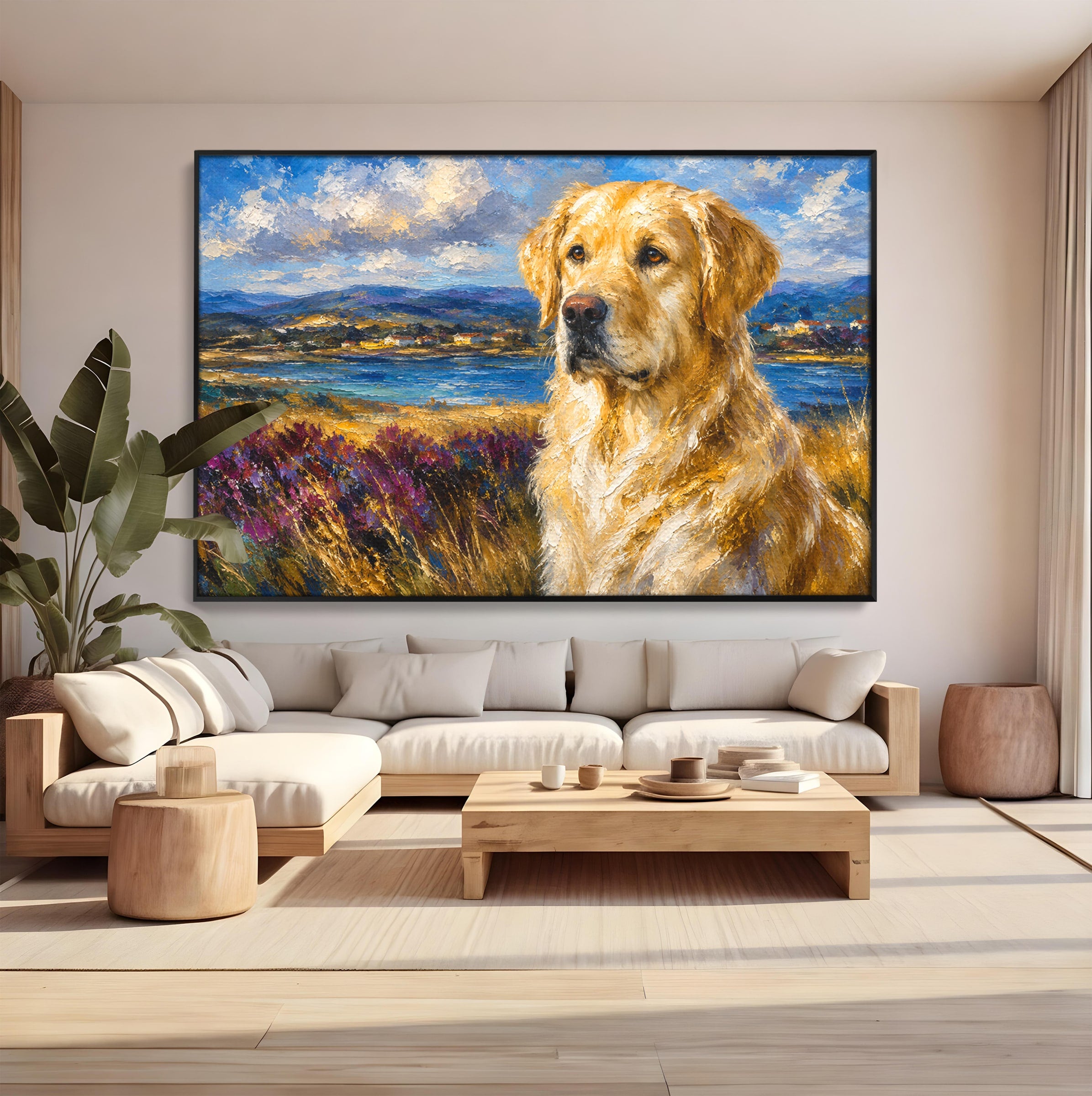 Tablou Canvas Premium LuxCanva® M1609, Golden Retriever in Peisaj, Golden Retriever, Peisaj, Caine, Natura, Living, Dormitor, Culori Vibrante
