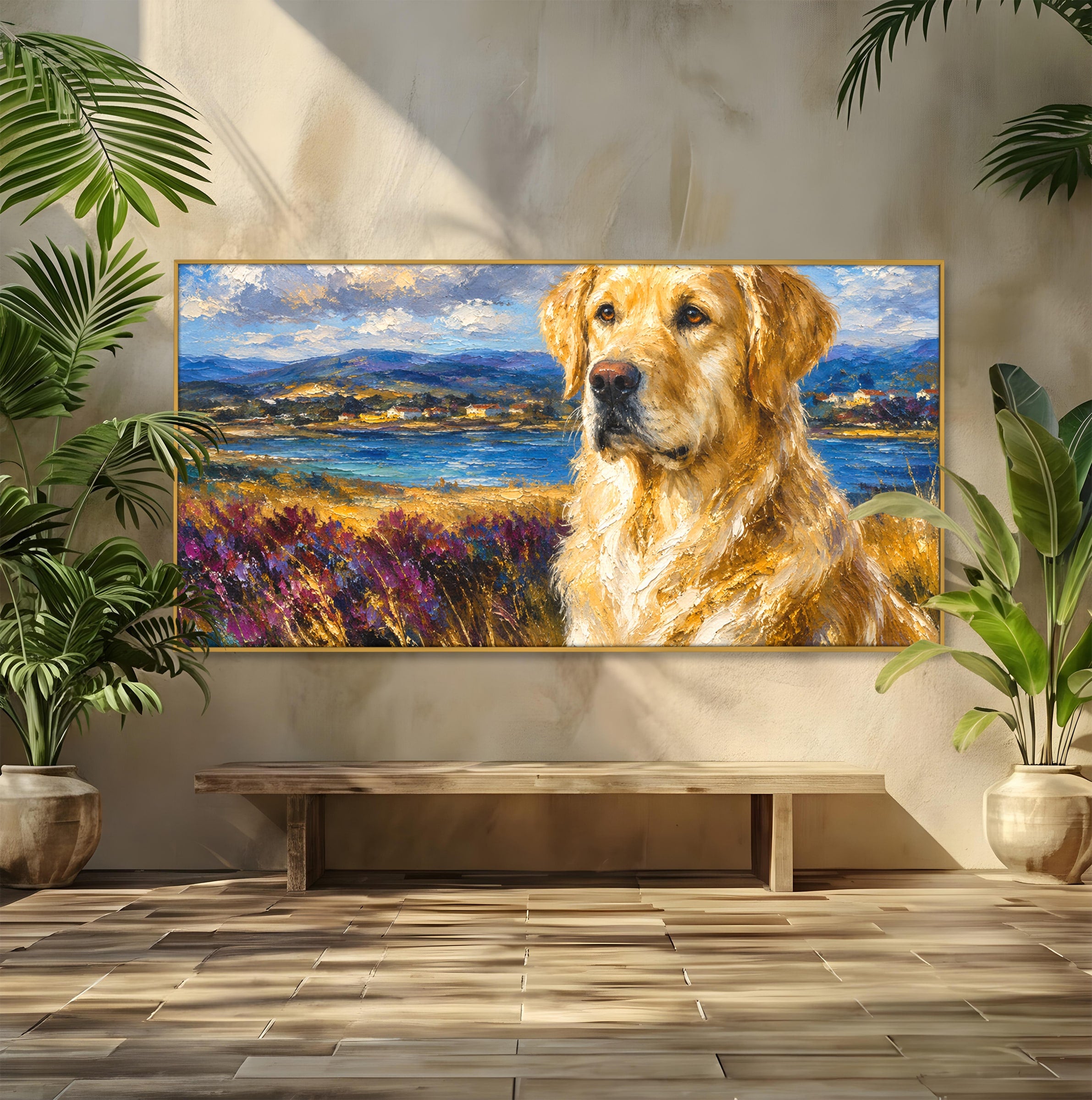 Tablou Canvas Premium LuxCanva® M1609, Golden Retriever in Peisaj, Golden Retriever, Peisaj, Caine, Natura, Living, Dormitor, Culori Vibrante