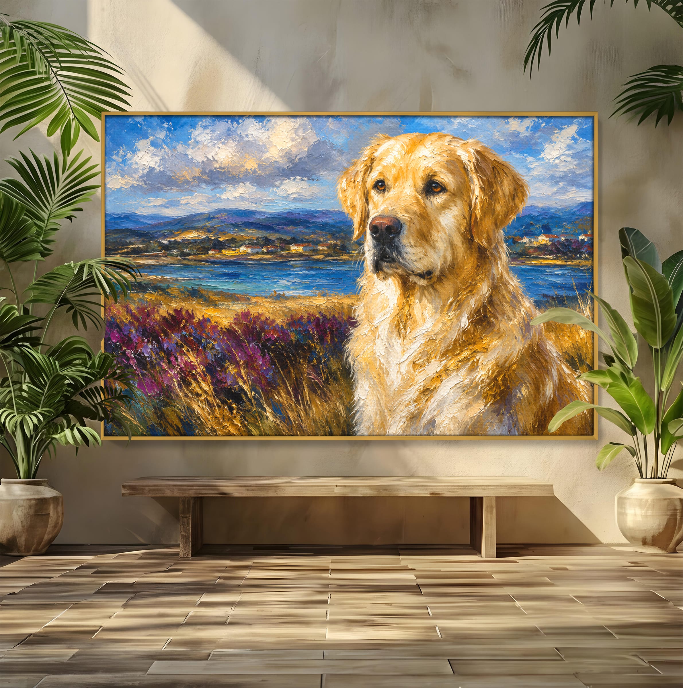 Tablou Canvas Premium LuxCanva® M1609, Golden Retriever in Peisaj, Golden Retriever, Peisaj, Caine, Natura, Living, Dormitor, Culori Vibrante