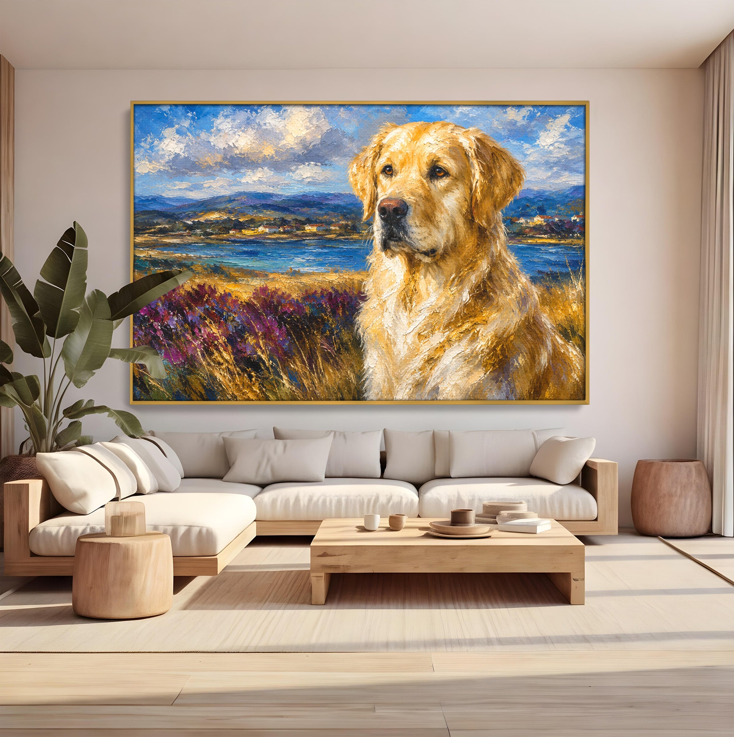 Tablou Canvas Premium LuxCanva® M1609, Golden Retriever in Peisaj, Golden Retriever, Peisaj, Caine, Natura, Living, Dormitor, Culori Vibrante