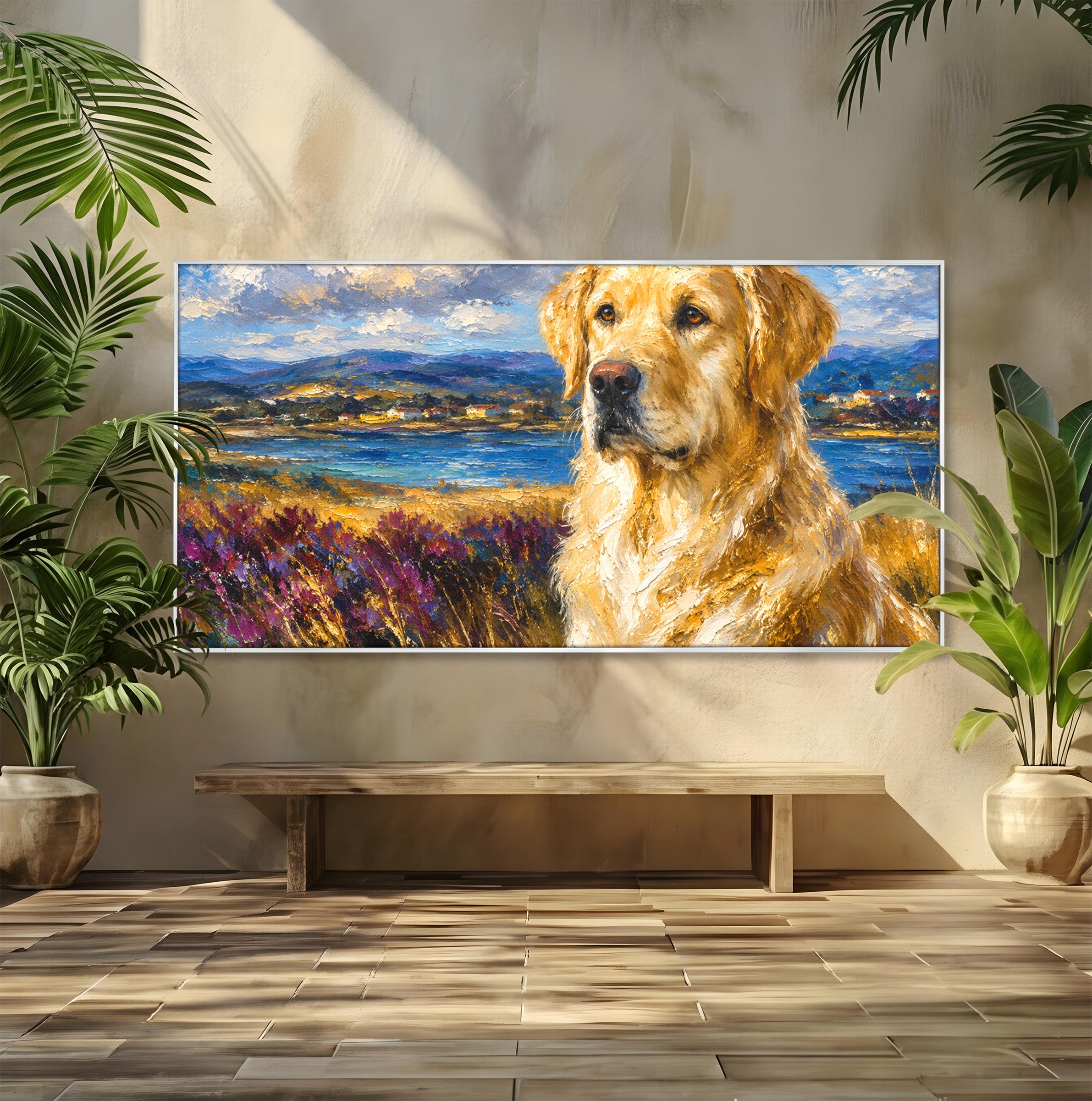 Tablou Canvas Premium LuxCanva® M1609, Golden Retriever in Peisaj, Golden Retriever, Peisaj, Caine, Natura, Living, Dormitor, Culori Vibrante