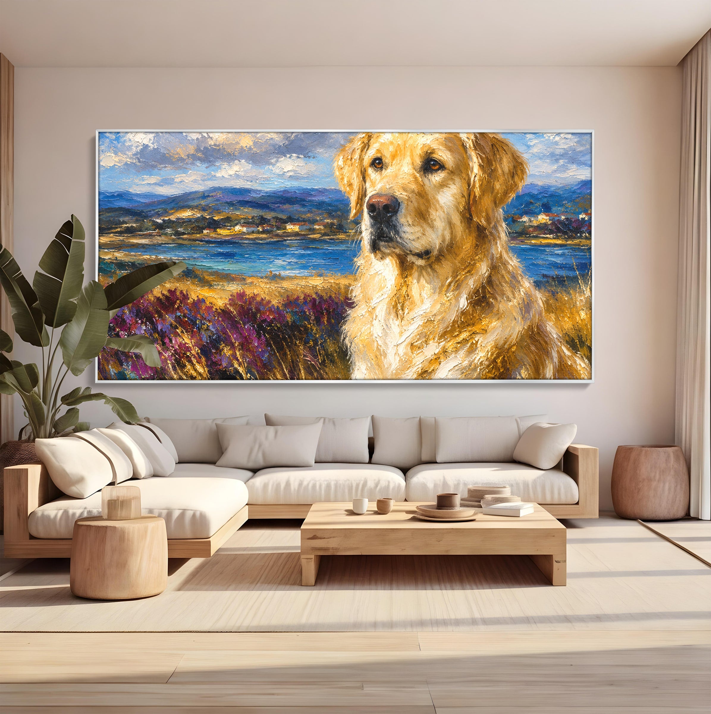 Tablou Canvas Premium LuxCanva® M1609, Golden Retriever in Peisaj, Golden Retriever, Peisaj, Caine, Natura, Living, Dormitor, Culori Vibrante