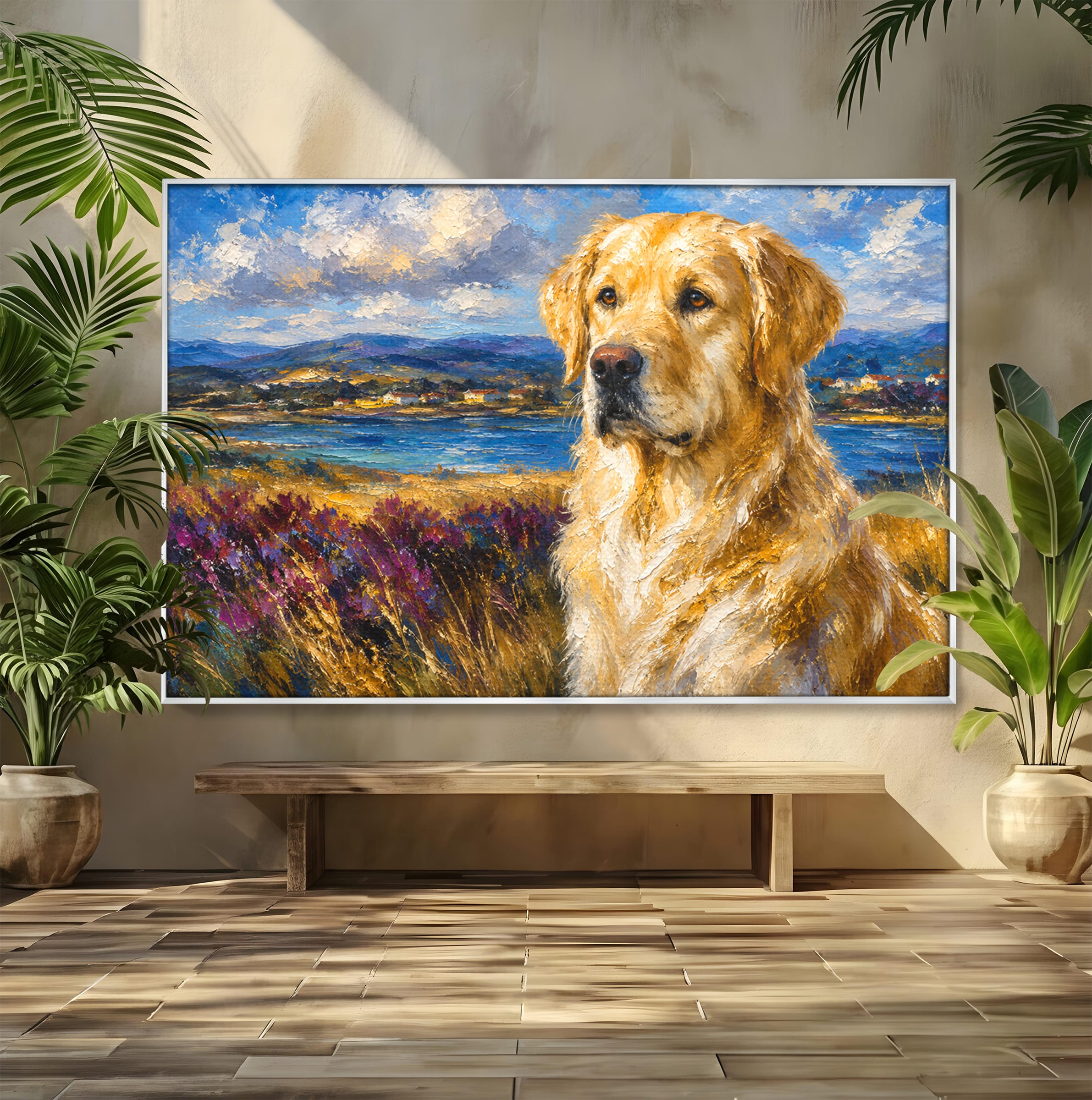 Tablou Canvas Premium LuxCanva® M1609, Golden Retriever in Peisaj, Golden Retriever, Peisaj, Caine, Natura, Living, Dormitor, Culori Vibrante