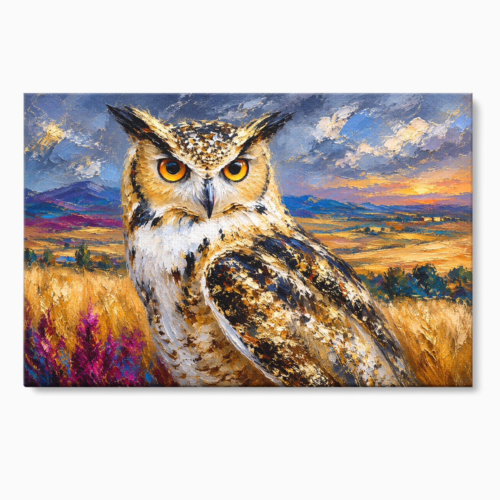 Tablou Canvas Premium LuxCanva® M1610, Bufnita In Peisaj Rural, Bufnita, Peisaj, Rural, Natura, Apus, Living, Dormitor, Culori Vibrante